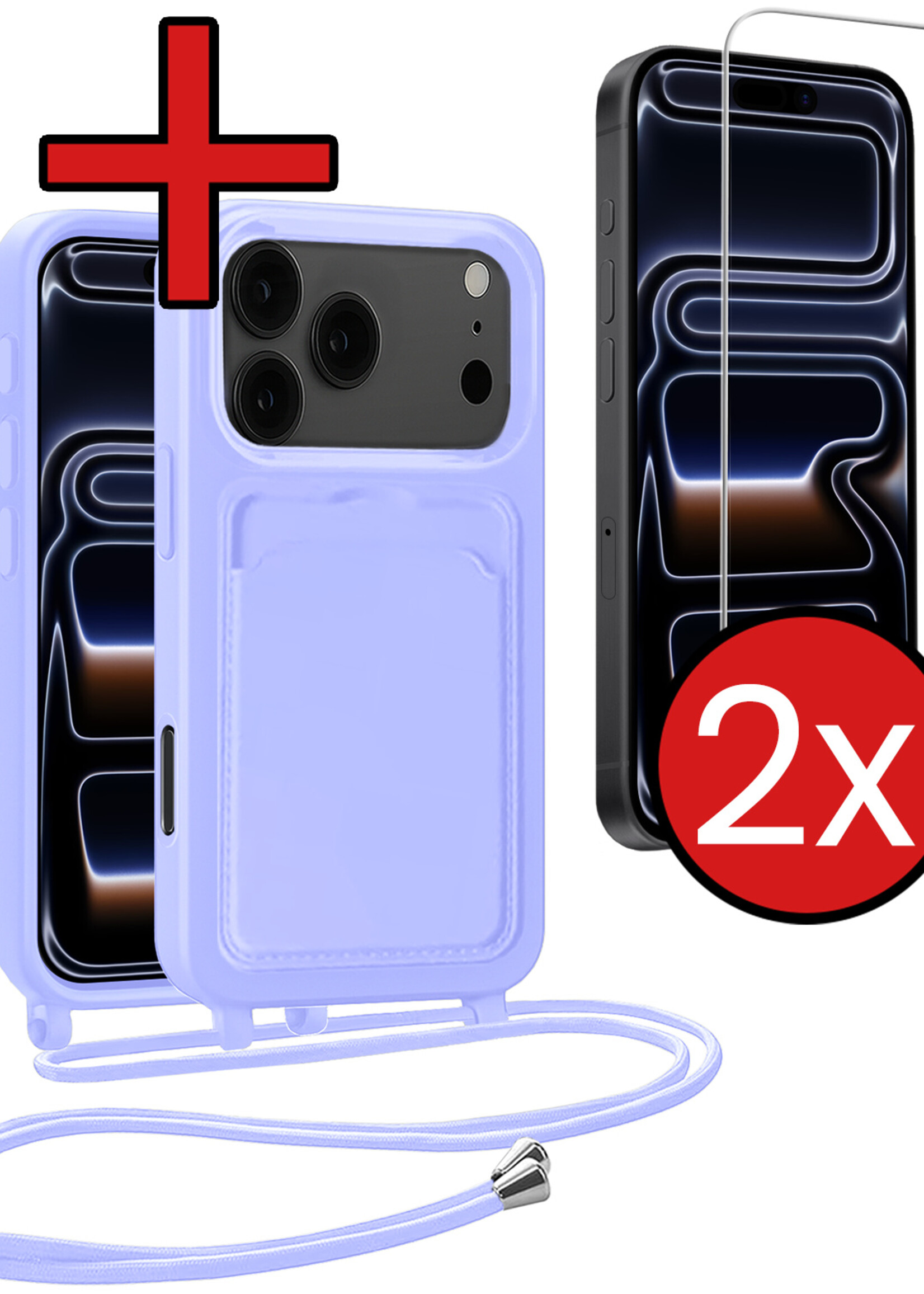 BTH BTH iPhone 17 Pro Hoesje Pashouder met Koord Met 2x Screenprotector - Lila
