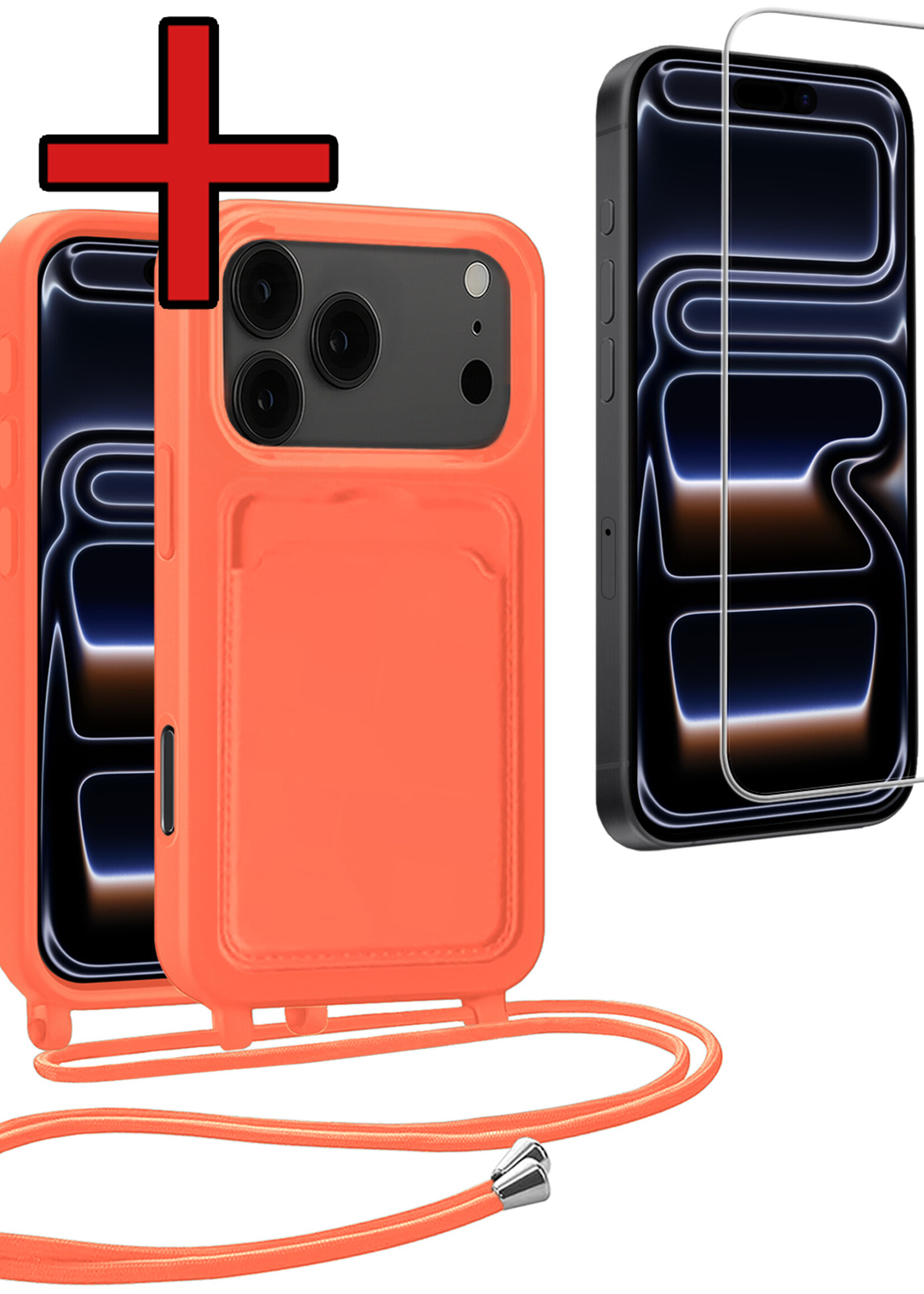 BTH BTH iPhone 17 Pro Hoesje Pashouder met Koord Met Screenprotector - Papaya