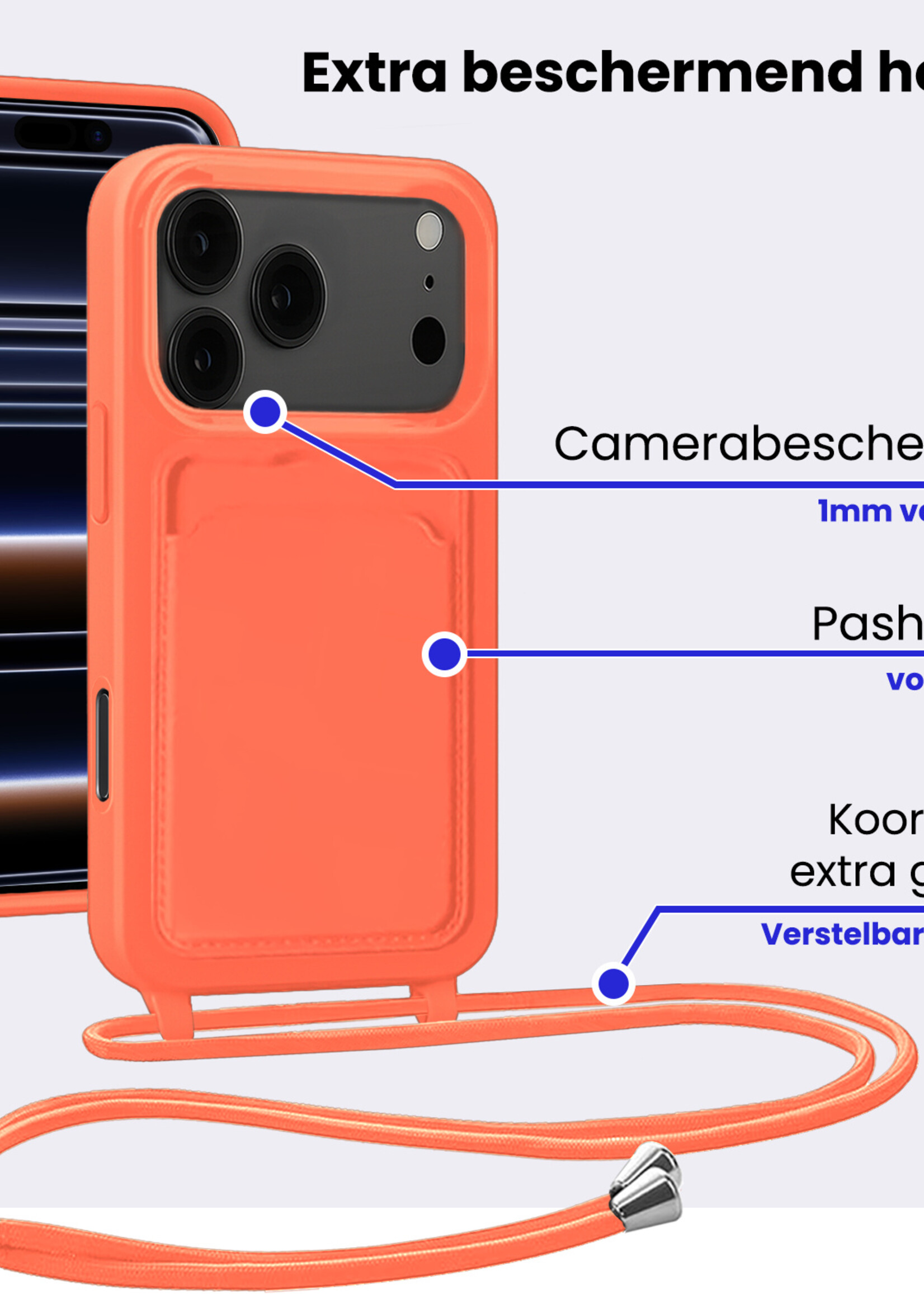 BTH BTH iPhone 17 Pro Hoesje Pashouder met Koord Met Screenprotector - Papaya