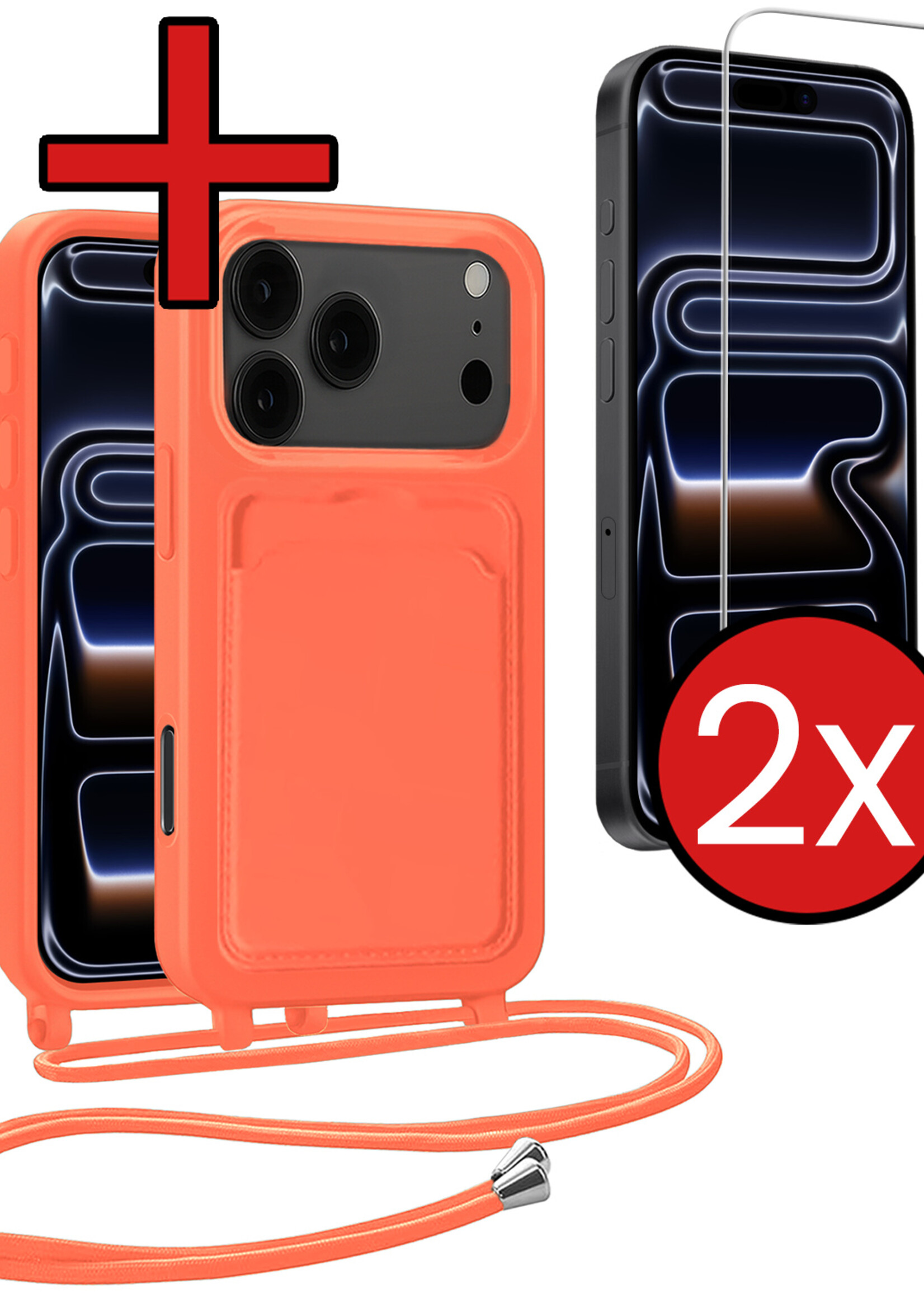 BTH BTH iPhone 17 Pro Hoesje Pashouder met Koord Met 2x Screenprotector - Papaya