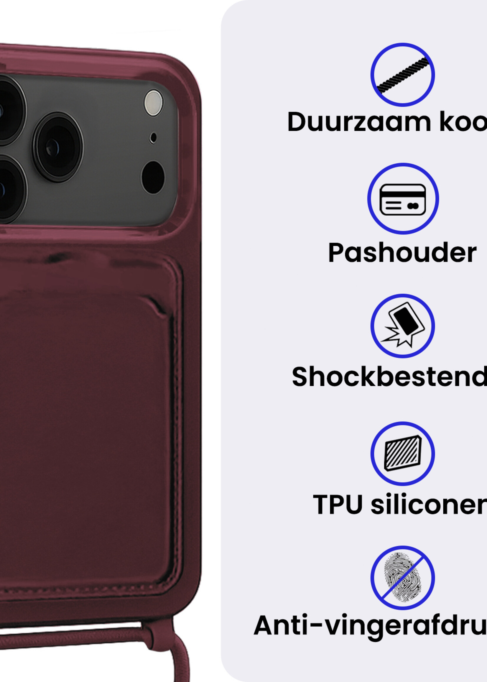 BTH BTH iPhone 17 Pro Max Hoesje Pashouder met Koord - Aubergine