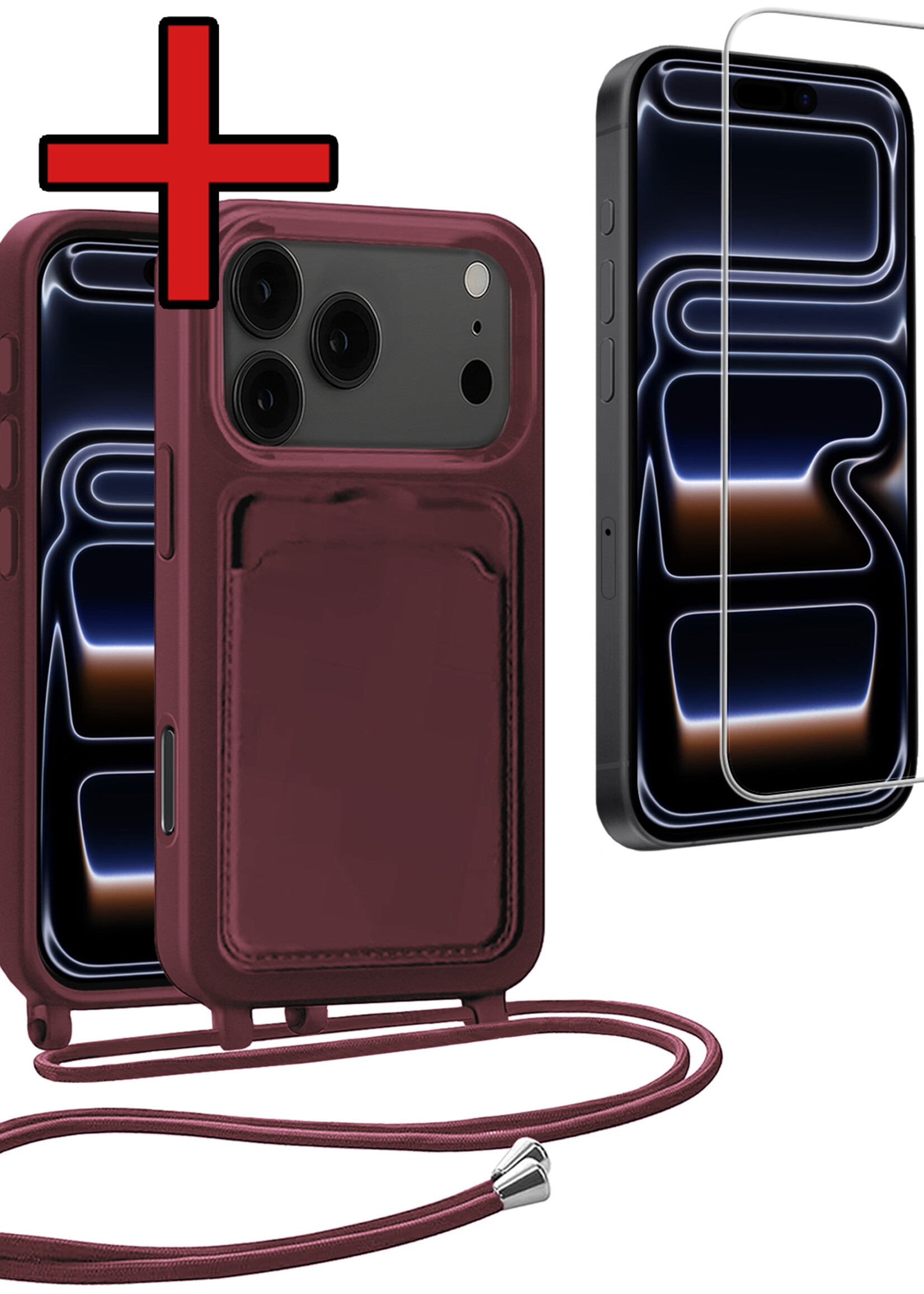 BTH BTH iPhone 17 Pro Max Hoesje Pashouder met Koord Met Screenprotector - Aubergine