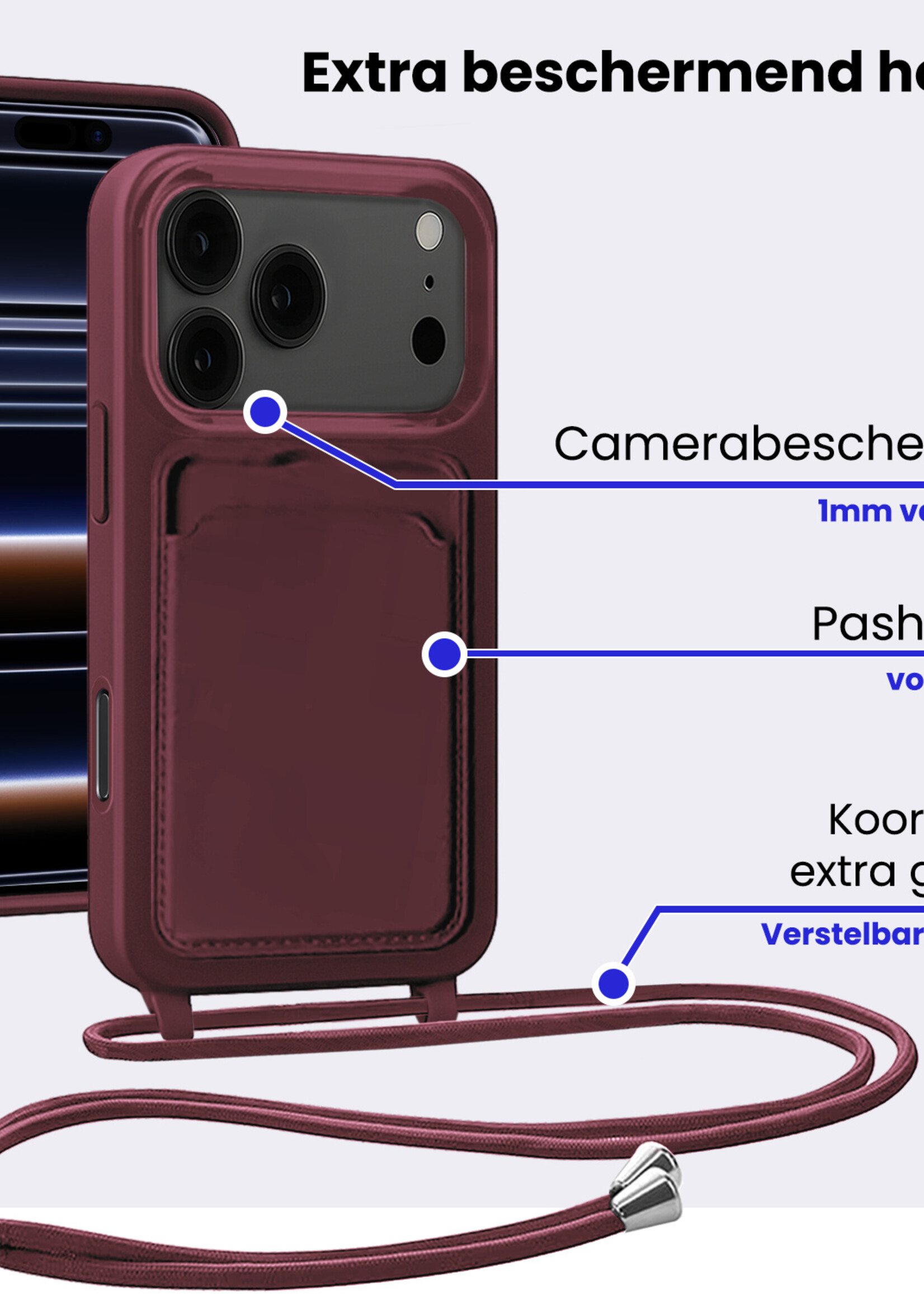 BTH BTH iPhone 17 Pro Max Hoesje Pashouder met Koord Met Screenprotector - Aubergine