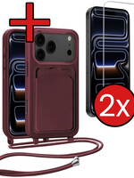 BTH BTH iPhone 17 Pro Max Hoesje Pashouder met Koord Met 2x Screenprotector - Aubergine