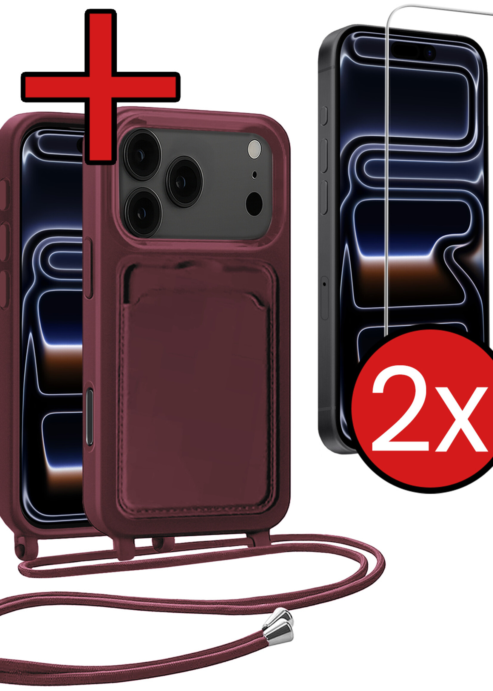 BTH BTH iPhone 17 Pro Max Hoesje Pashouder met Koord Met 2x Screenprotector - Aubergine