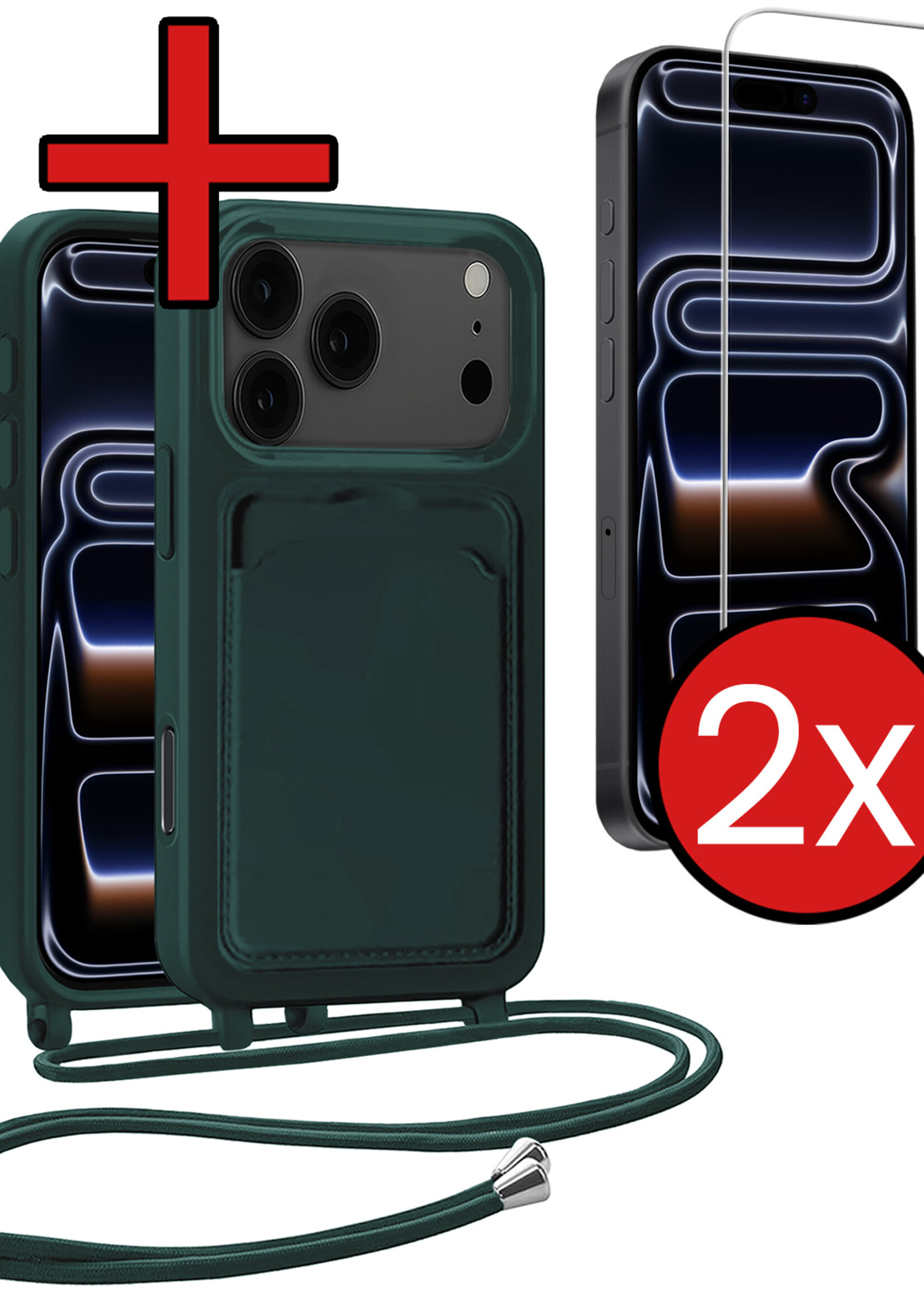BTH BTH iPhone 17 Pro Max Hoesje Pashouder met Koord Met 2x Screenprotector - Donkergroen
