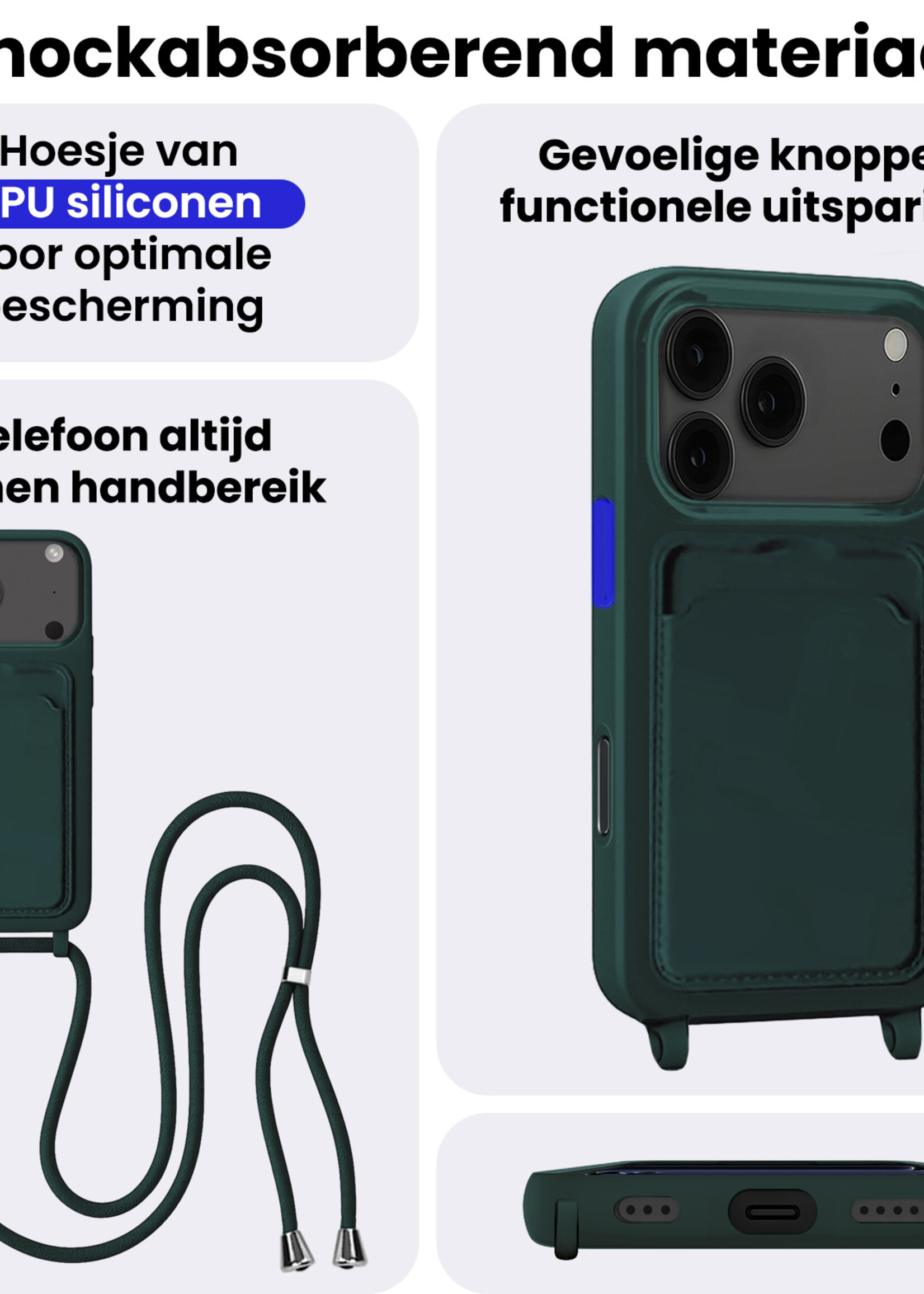 BTH BTH iPhone 17 Pro Max Hoesje Pashouder met Koord Met 2x Screenprotector - Donkergroen