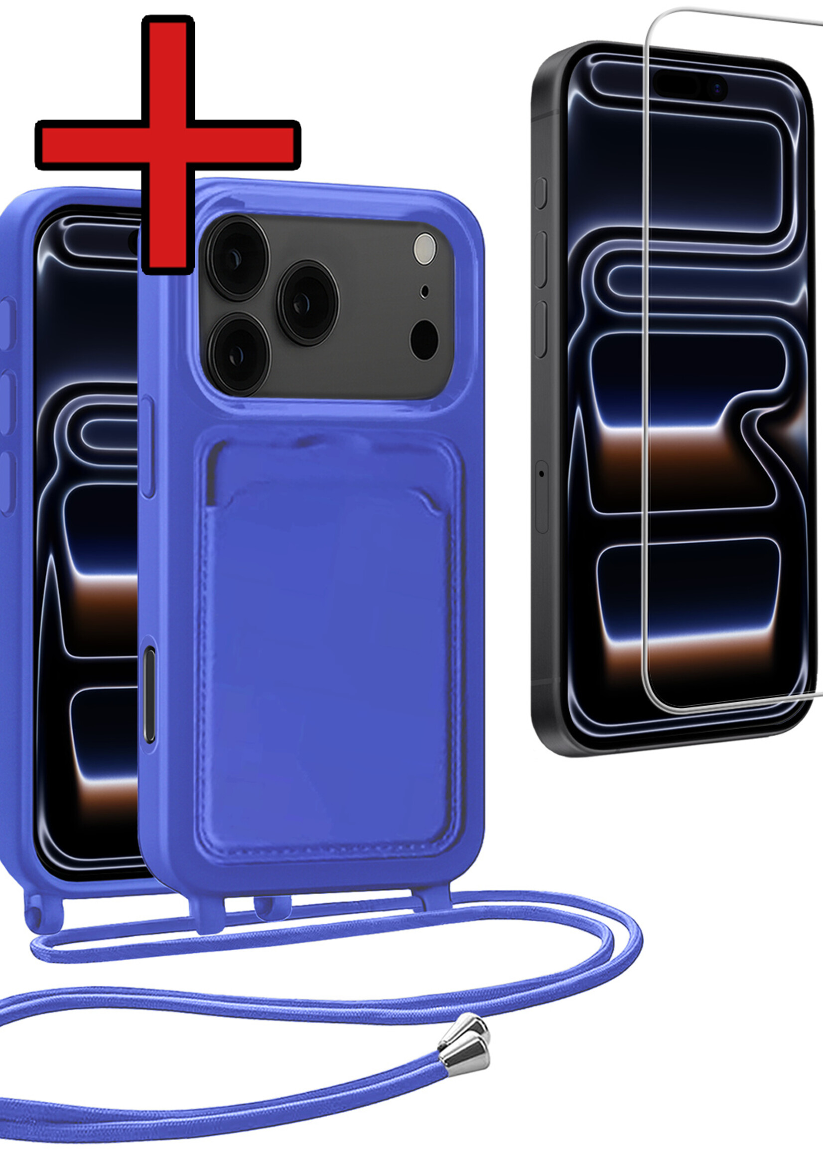 BTH BTH iPhone 17 Pro Max Hoesje Pashouder met Koord Met Screenprotector - Fel Blauw