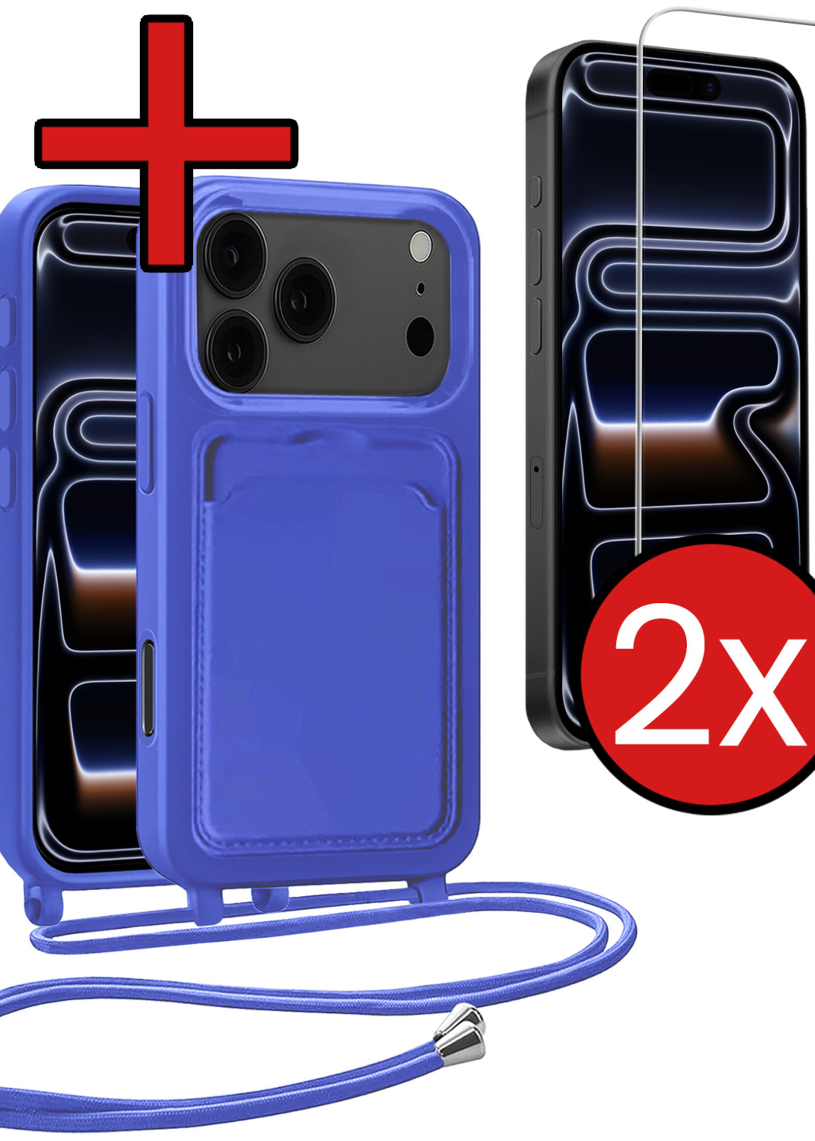 BTH BTH iPhone 17 Pro Max Hoesje Pashouder met Koord Met 2x Screenprotector - Fel Blauw