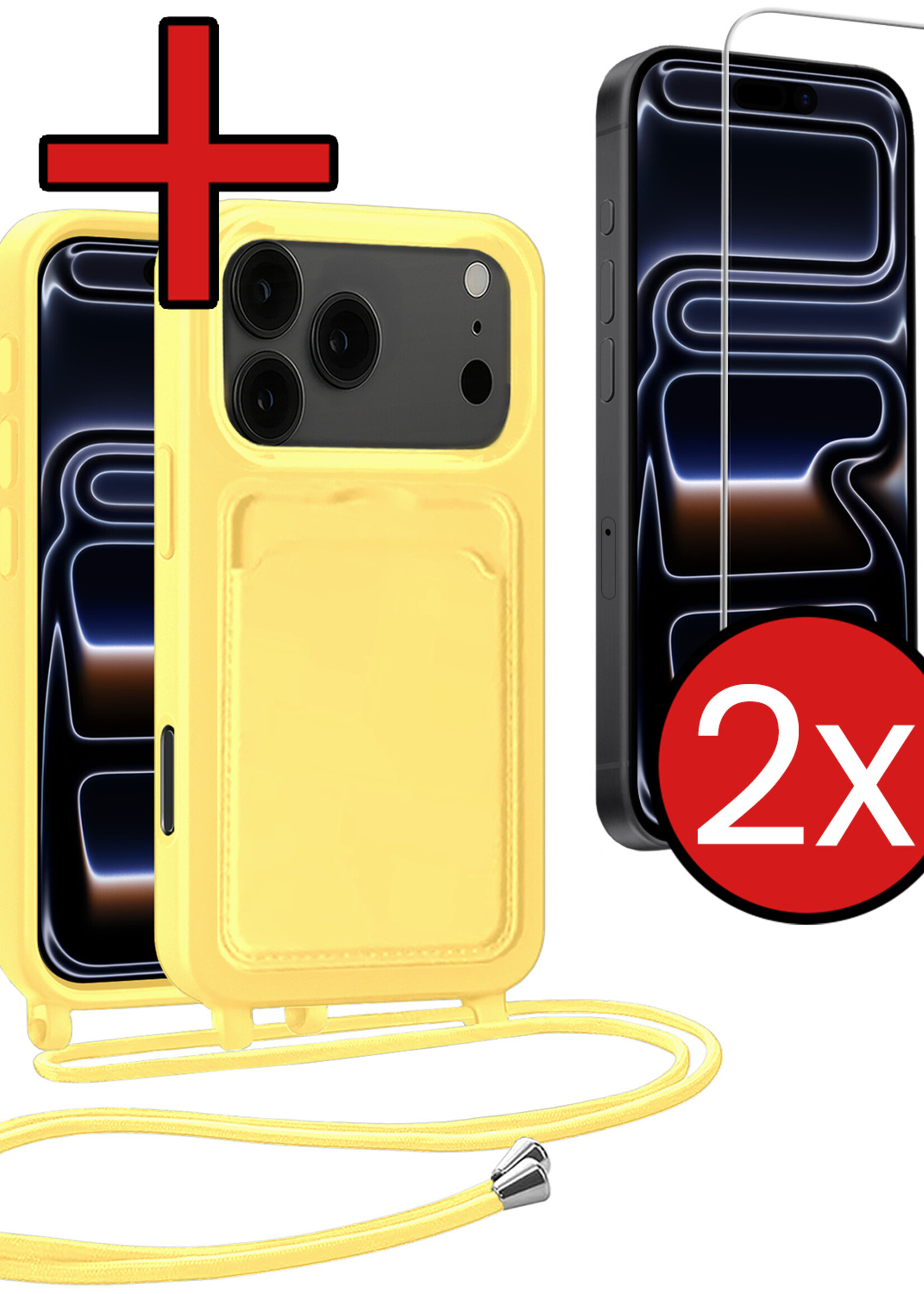 BTH BTH iPhone 17 Pro Max Hoesje Pashouder met Koord Met 2x Screenprotector - Geel