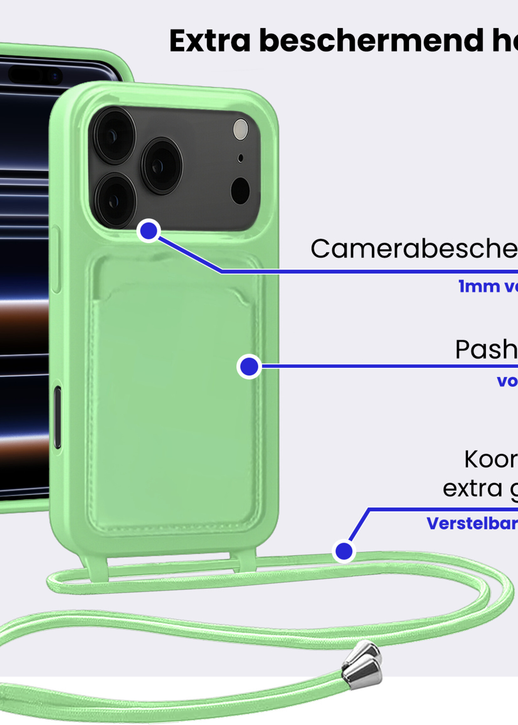 BTH BTH iPhone 17 Pro Max Hoesje Pashouder met Koord - Groen
