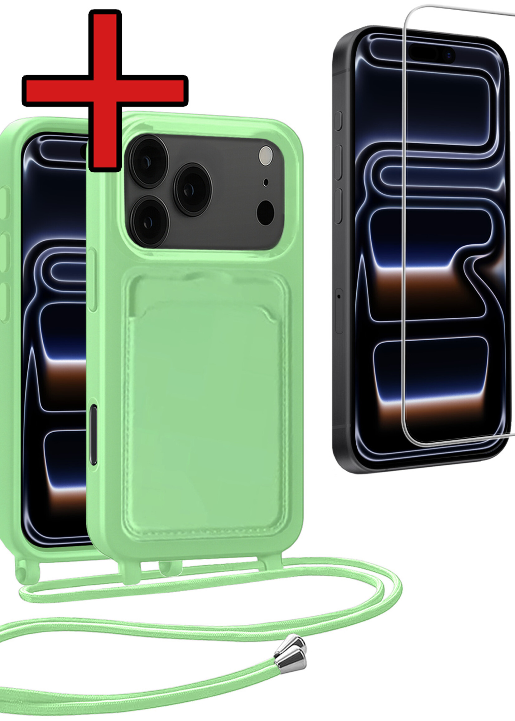 BTH BTH iPhone 17 Pro Max Hoesje Pashouder met Koord Met Screenprotector - Groen