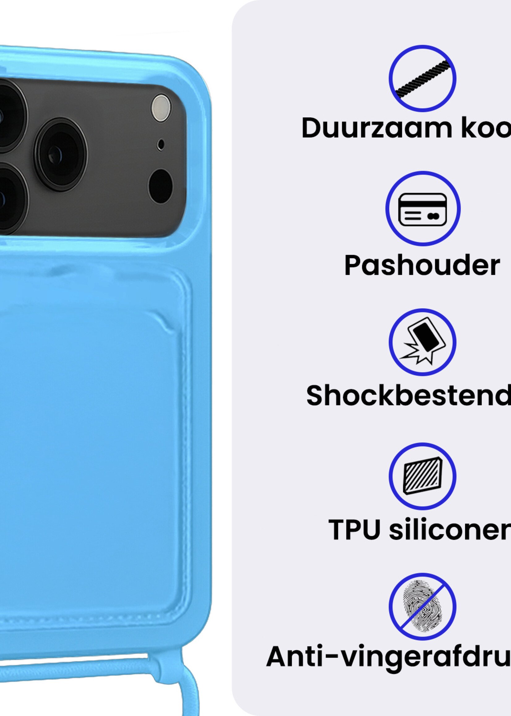 BTH BTH iPhone 17 Pro Max Hoesje Pashouder met Koord - Lichtblauw