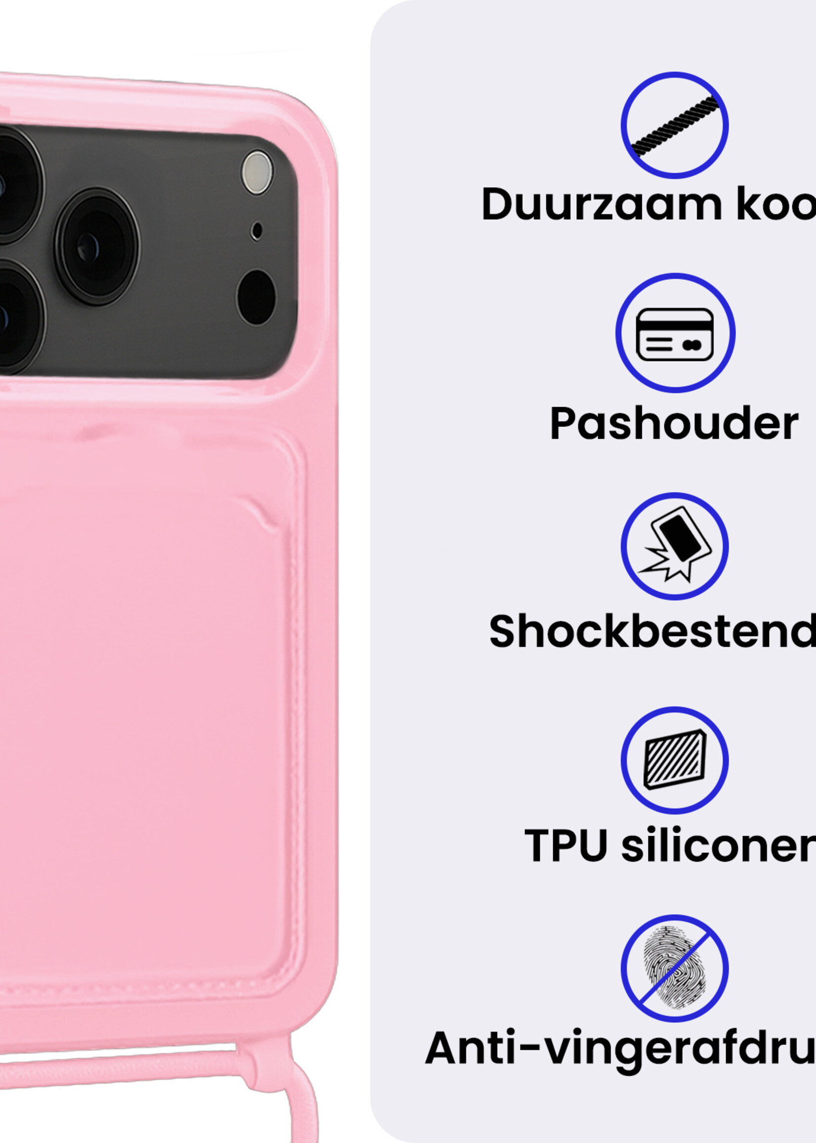BTH BTH iPhone 17 Pro Max Hoesje Pashouder met Koord - Lichtroze