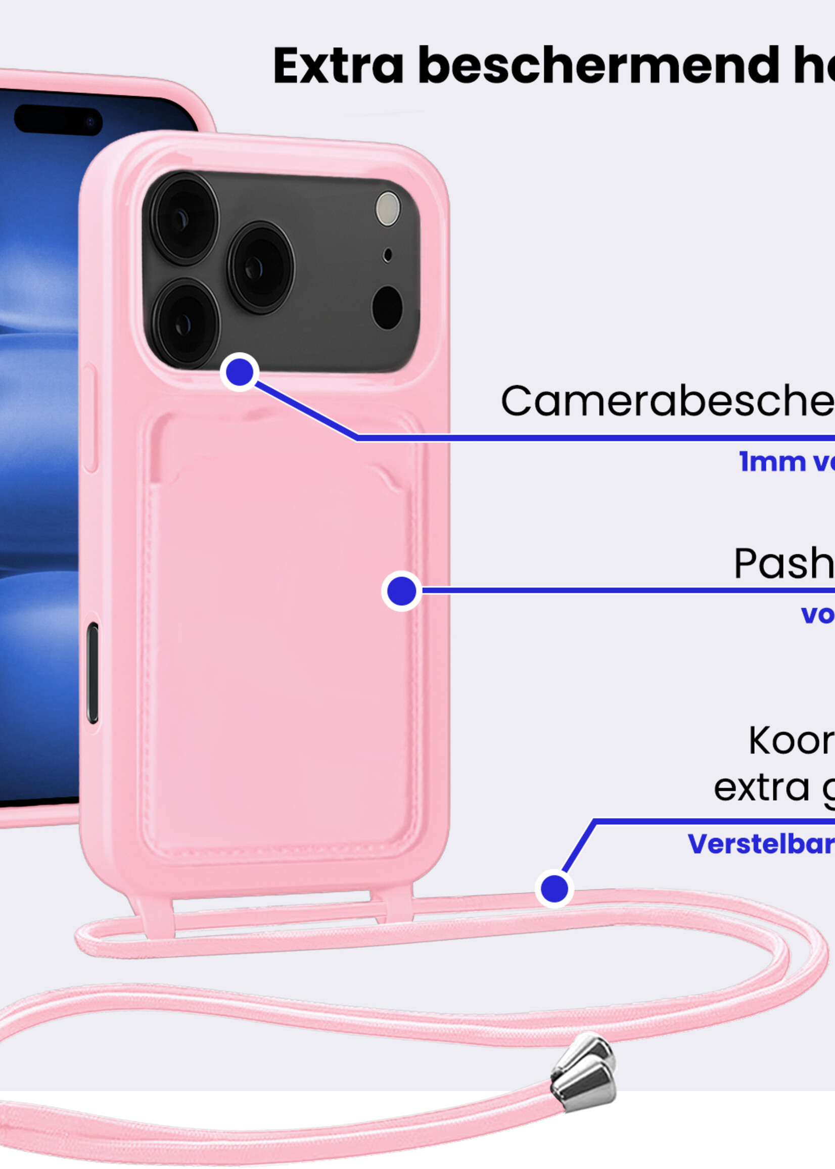 BTH BTH iPhone 17 Pro Max Hoesje Pashouder met Koord - Lichtroze - 2 PACK