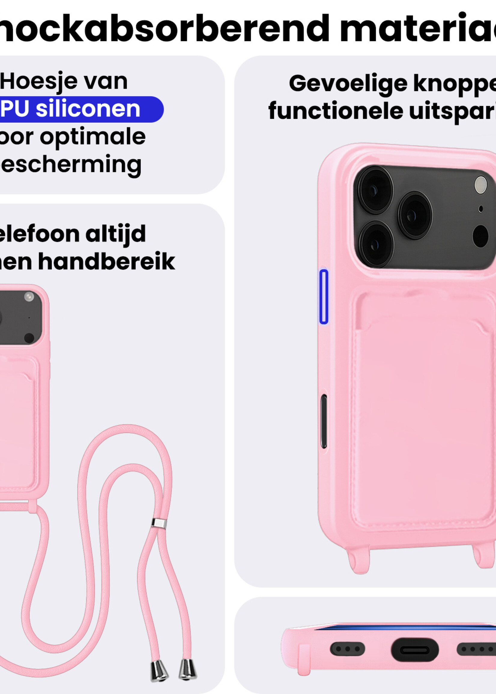 BTH BTH iPhone 17 Pro Max Hoesje Pashouder met Koord Met Screenprotector - Lichtroze