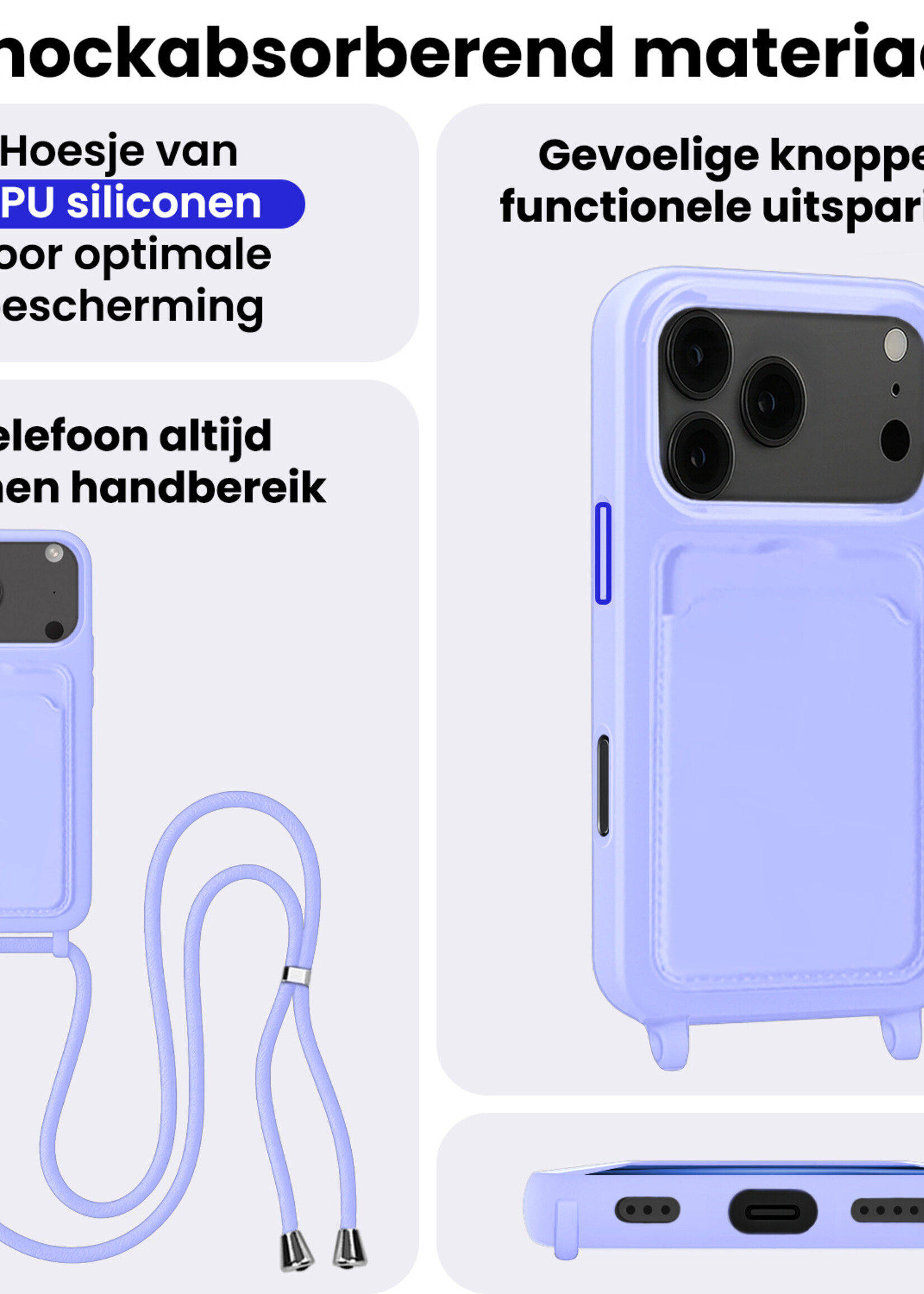 BTH BTH iPhone 17 Pro Max Hoesje Pashouder met Koord Met Screenprotector - Lila
