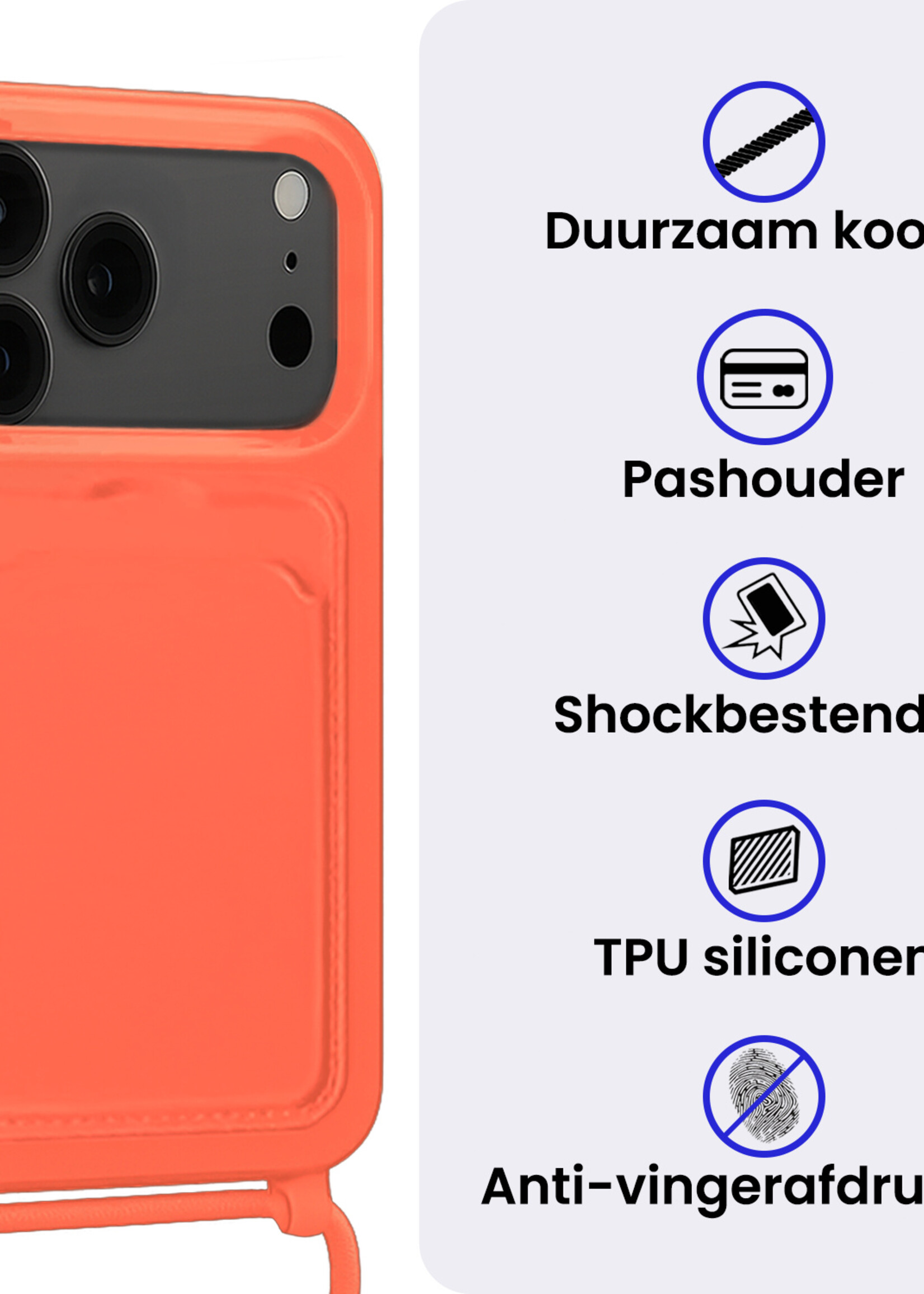 BTH BTH iPhone 17 Pro Max Hoesje Pashouder met Koord Met Screenprotector - Papaya