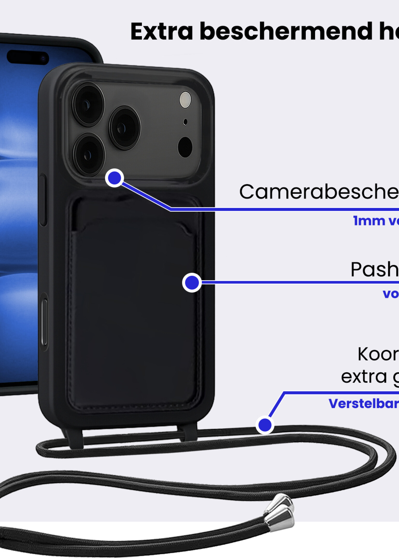 BTH BTH iPhone 17 Pro Max Hoesje Pashouder met Koord Met Screenprotector - Zwart