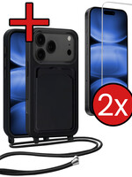 BTH BTH iPhone 17 Pro Max Hoesje Pashouder met Koord Met 2x Screenprotector - Zwart