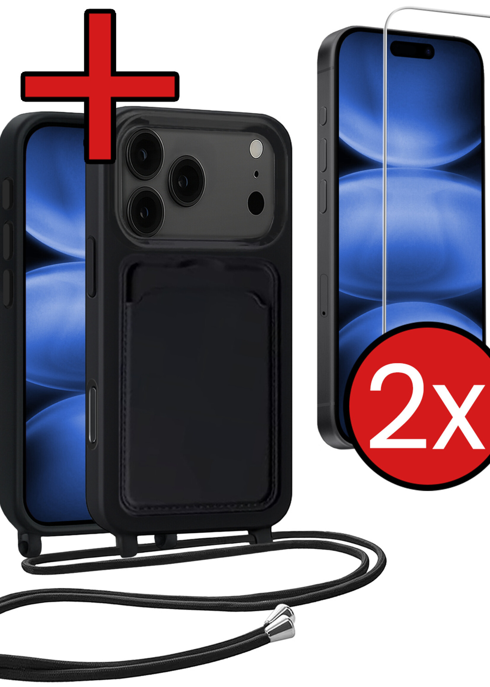 BTH BTH iPhone 17 Pro Max Hoesje Pashouder met Koord Met 2x Screenprotector - Zwart
