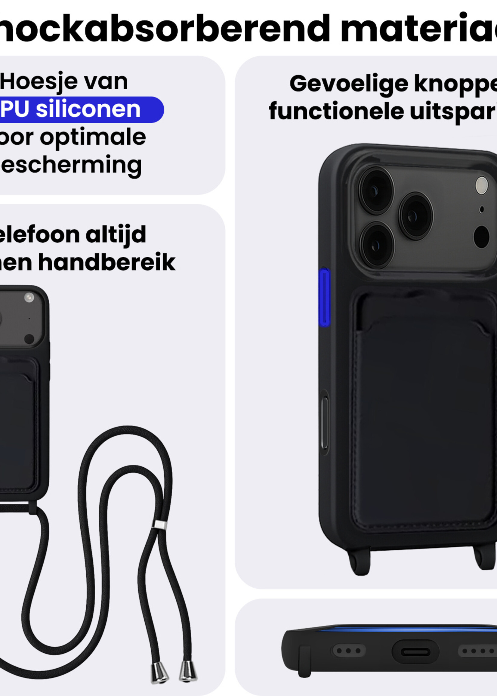 BTH BTH iPhone 17 Pro Max Hoesje Pashouder met Koord Met 2x Screenprotector - Zwart