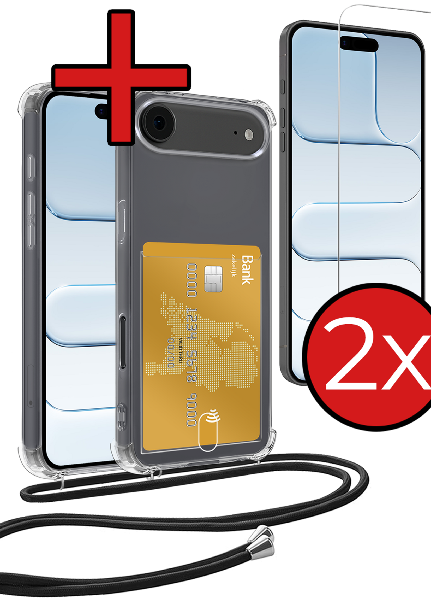 BTH BTH iPhone Air Hoesje Pashouder met Koord Met 2x Screenprotector