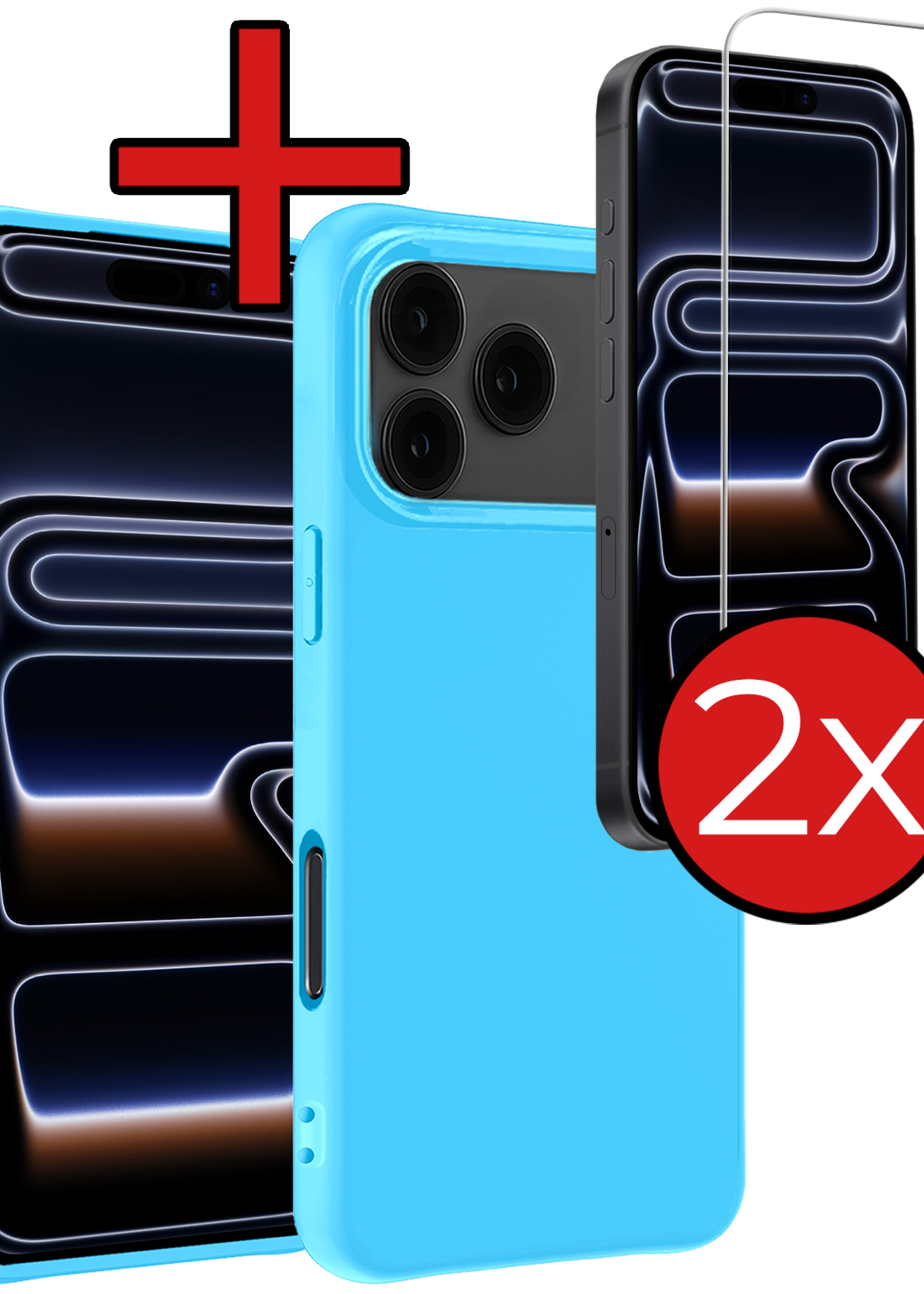 BTH BTH iPhone 17 Pro Max Hoesje Siliconen Met 2x Screenprotector Met Dichte Notch - Lichtblauw