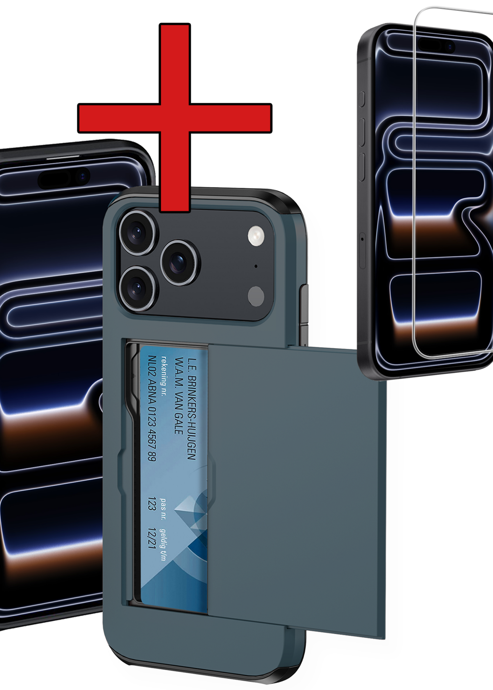 BTH BTH iPhone 17 Pro Max Hoesje Pashouder Hard Met 2x Screenprotector - Donker Blauw