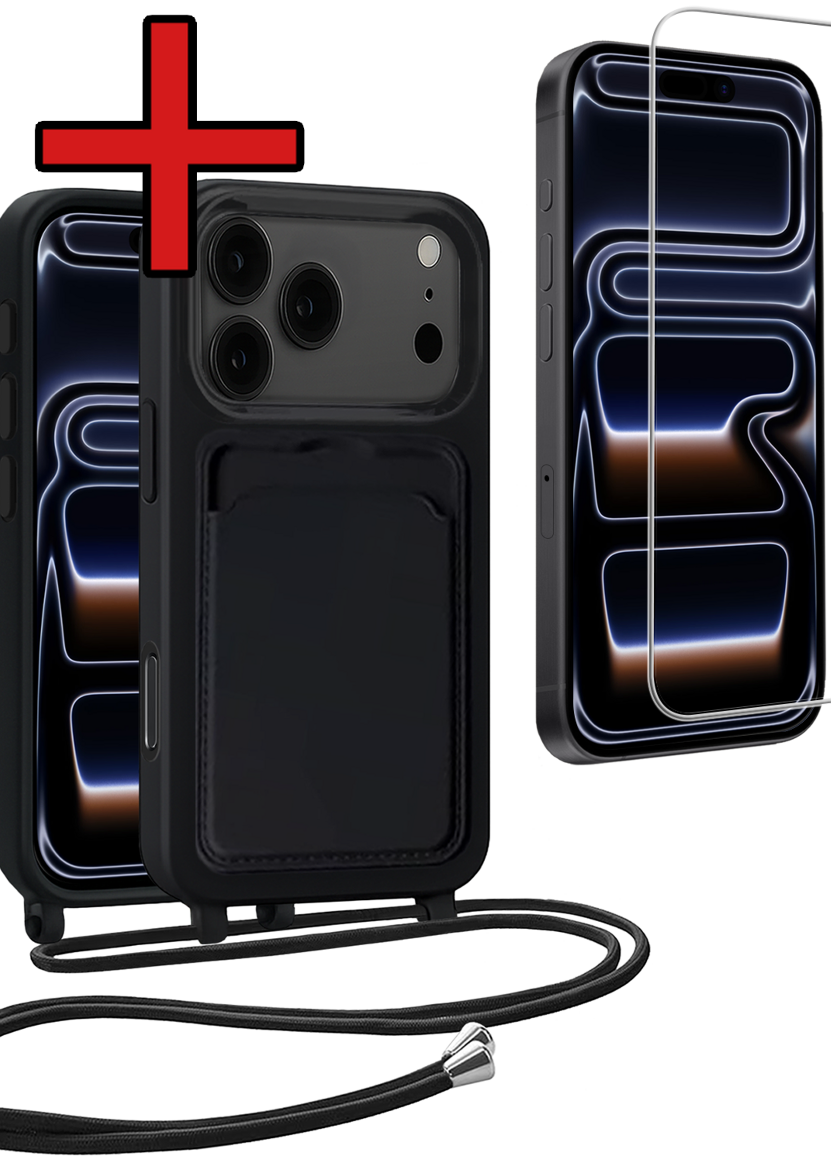 BTH BTH iPhone 17 Pro Hoesje Pashouder met Koord Met 2x Screenprotector - Zwart