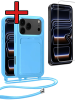 BTH BTH iPhone 17 Pro Max Hoesje Pashouder met Koord Met Screenprotector - Lichtblauw