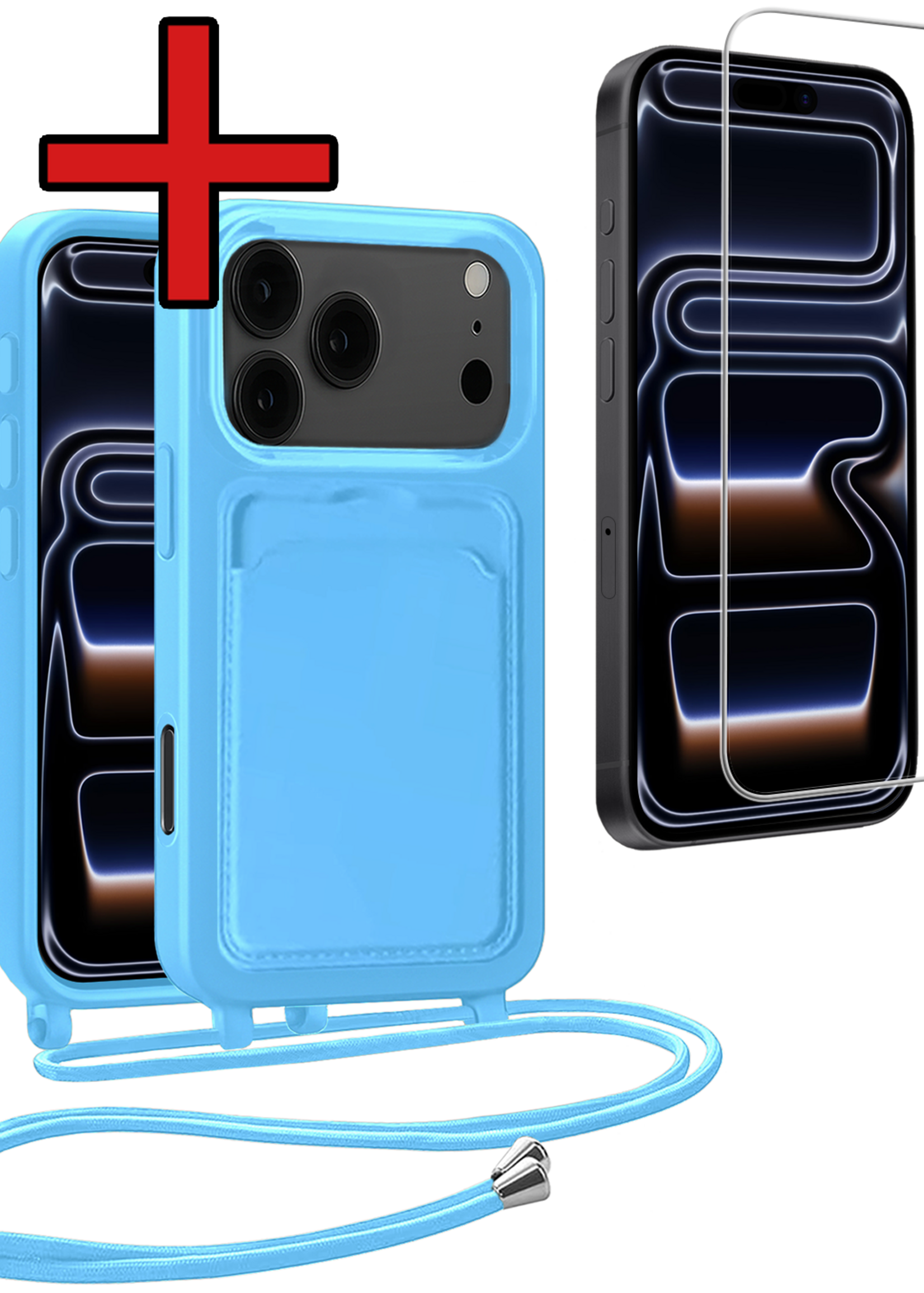 BTH BTH iPhone 17 Pro Max Hoesje Pashouder met Koord Met Screenprotector - Lichtblauw