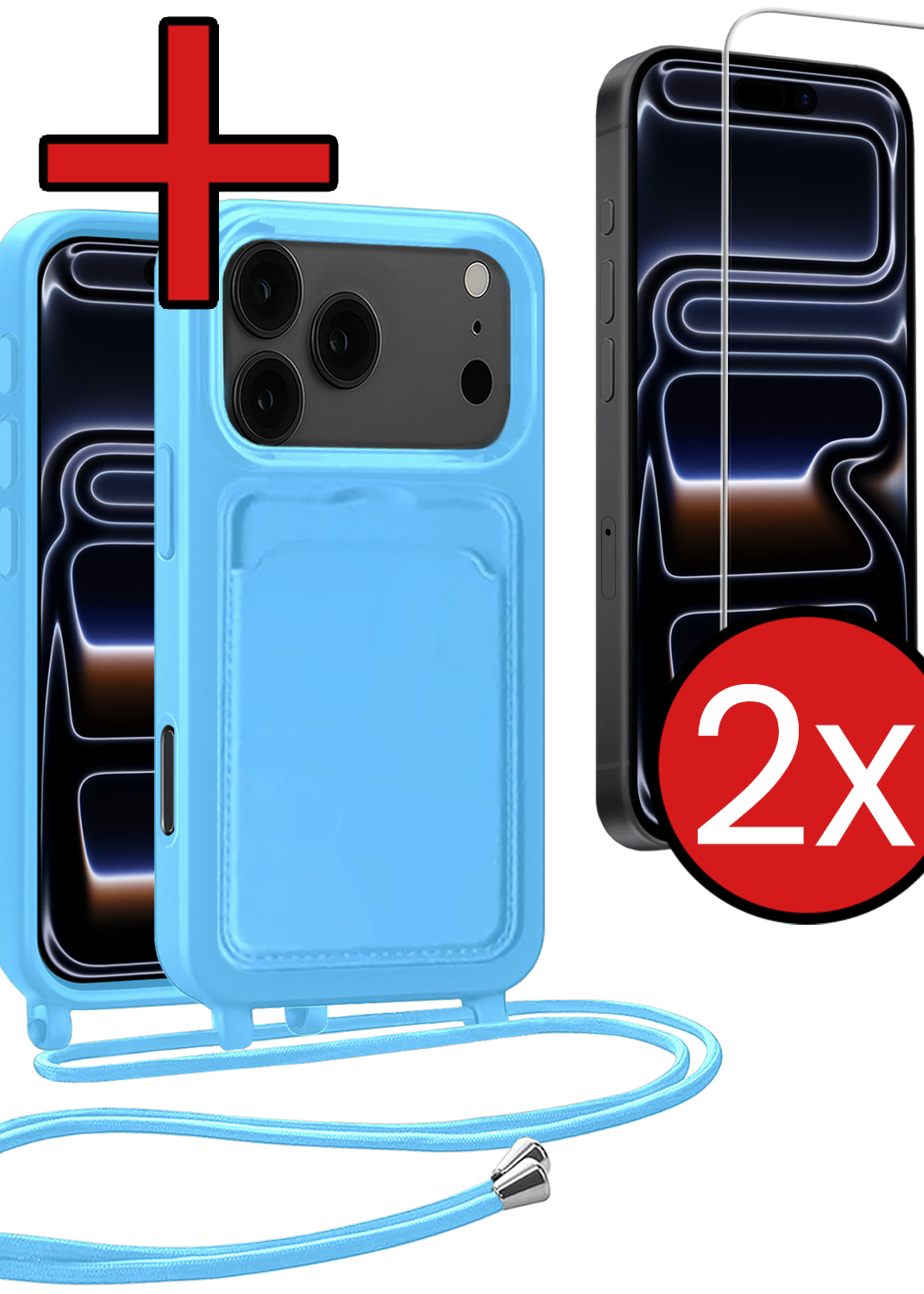 BTH BTH iPhone 17 Pro Max Hoesje Pashouder met Koord Met 2x Screenprotector - Lichtblauw