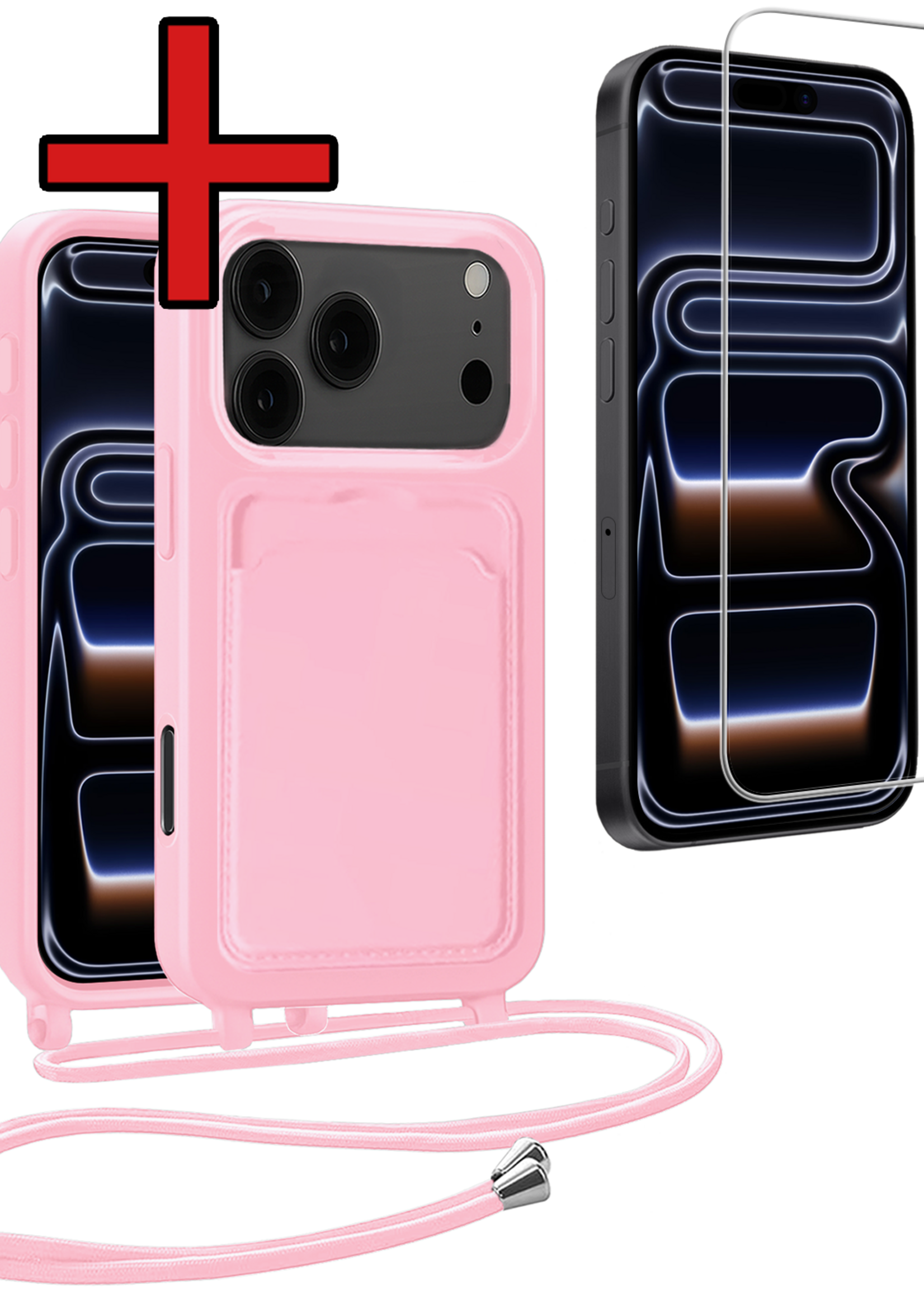 BTH BTH iPhone 17 Pro Max Hoesje Pashouder met Koord Met Screenprotector - Lichtroze