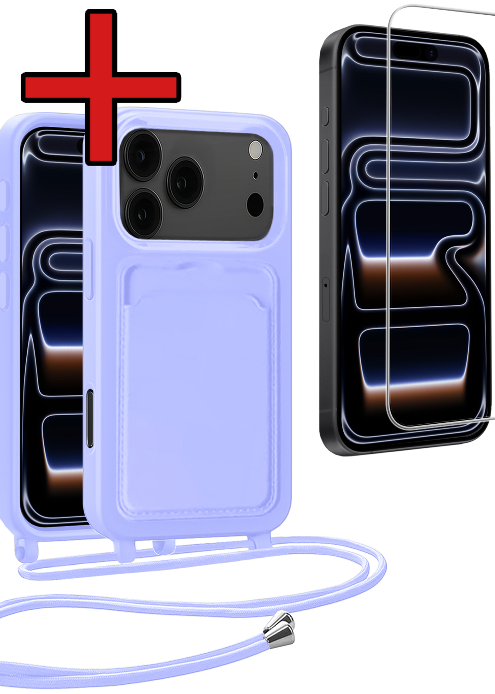 BTH BTH iPhone 17 Pro Max Hoesje Pashouder met Koord Met Screenprotector - Lila