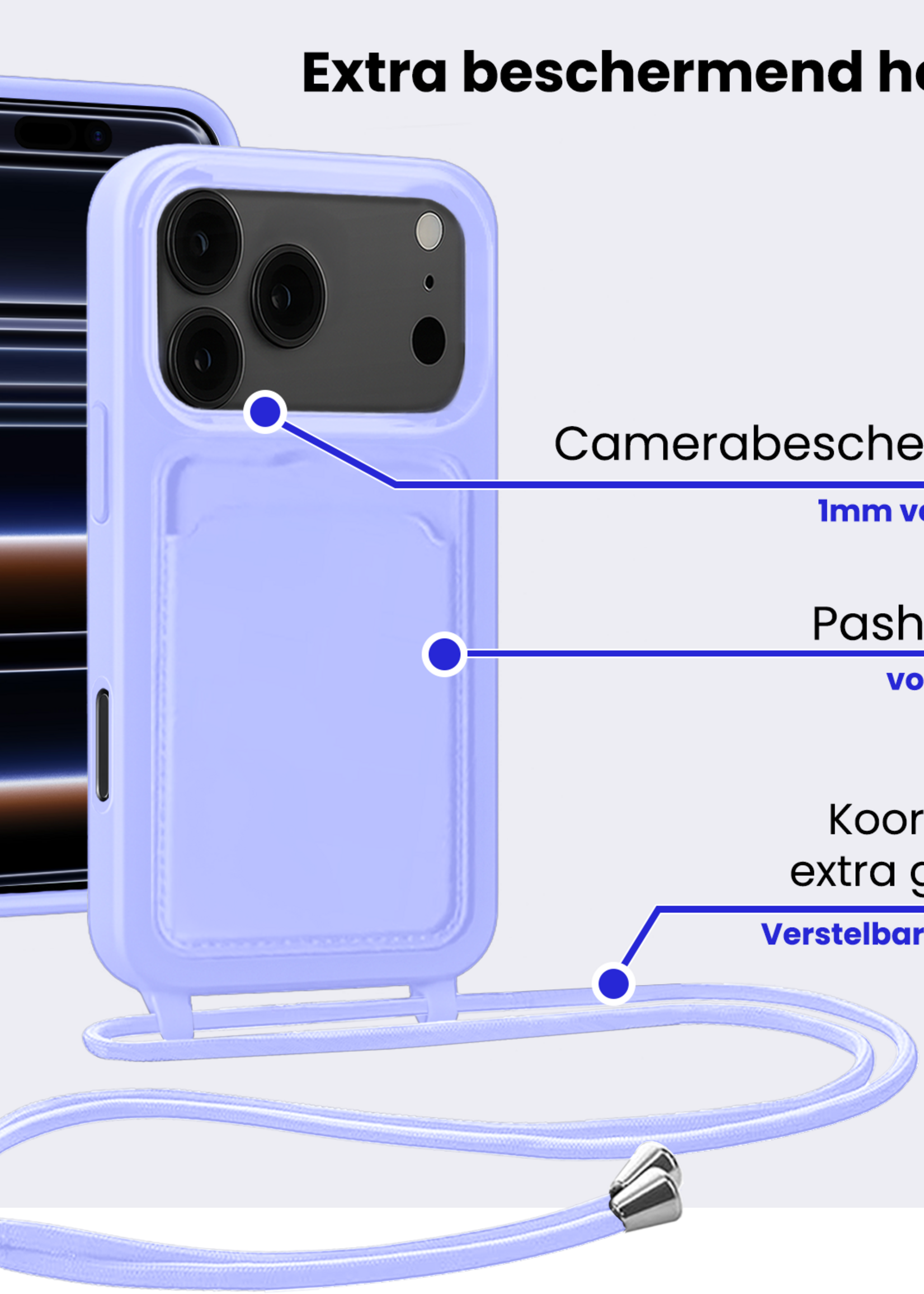 BTH BTH iPhone 17 Pro Max Hoesje Pashouder met Koord Met Screenprotector - Lila