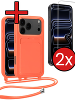 BTH BTH iPhone 17 Pro Max Hoesje Pashouder met Koord Met 2x Screenprotector - Papaya