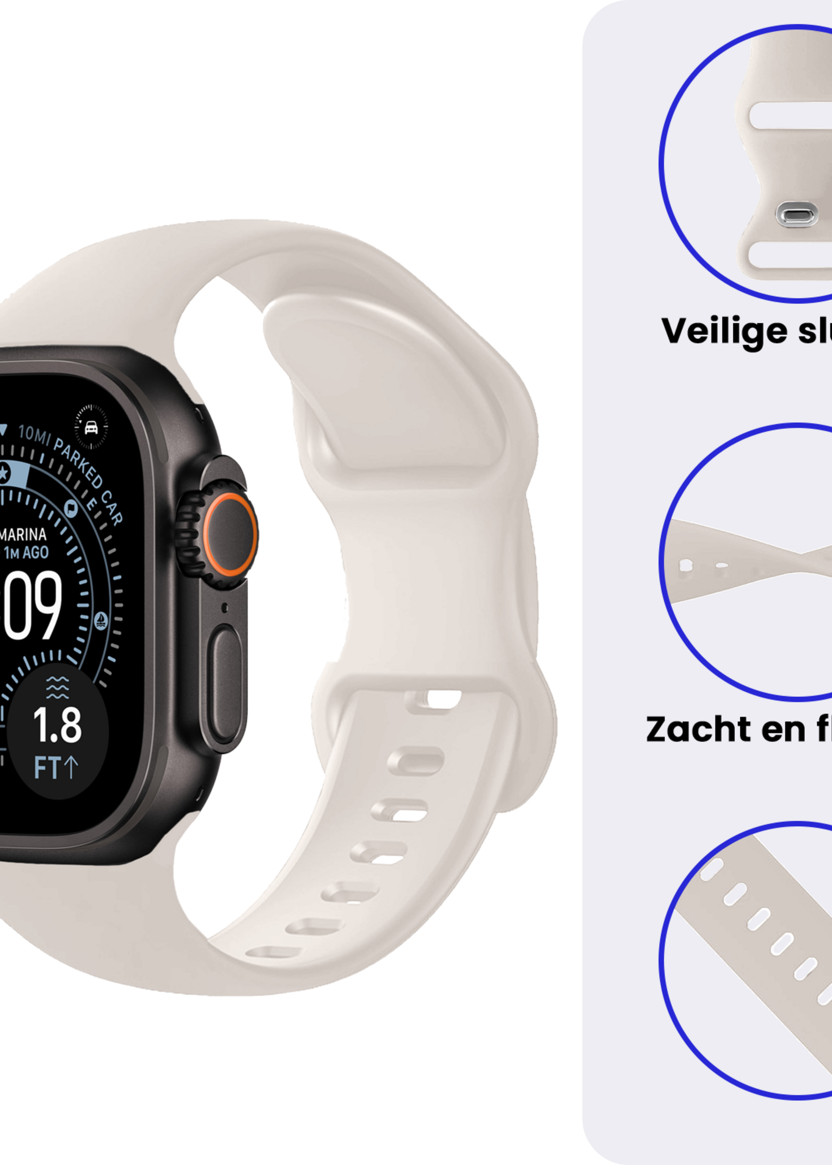 BTH BTH Apple Watch Bandje Siliconen Verstelbaar (49 mm) - Ivoor