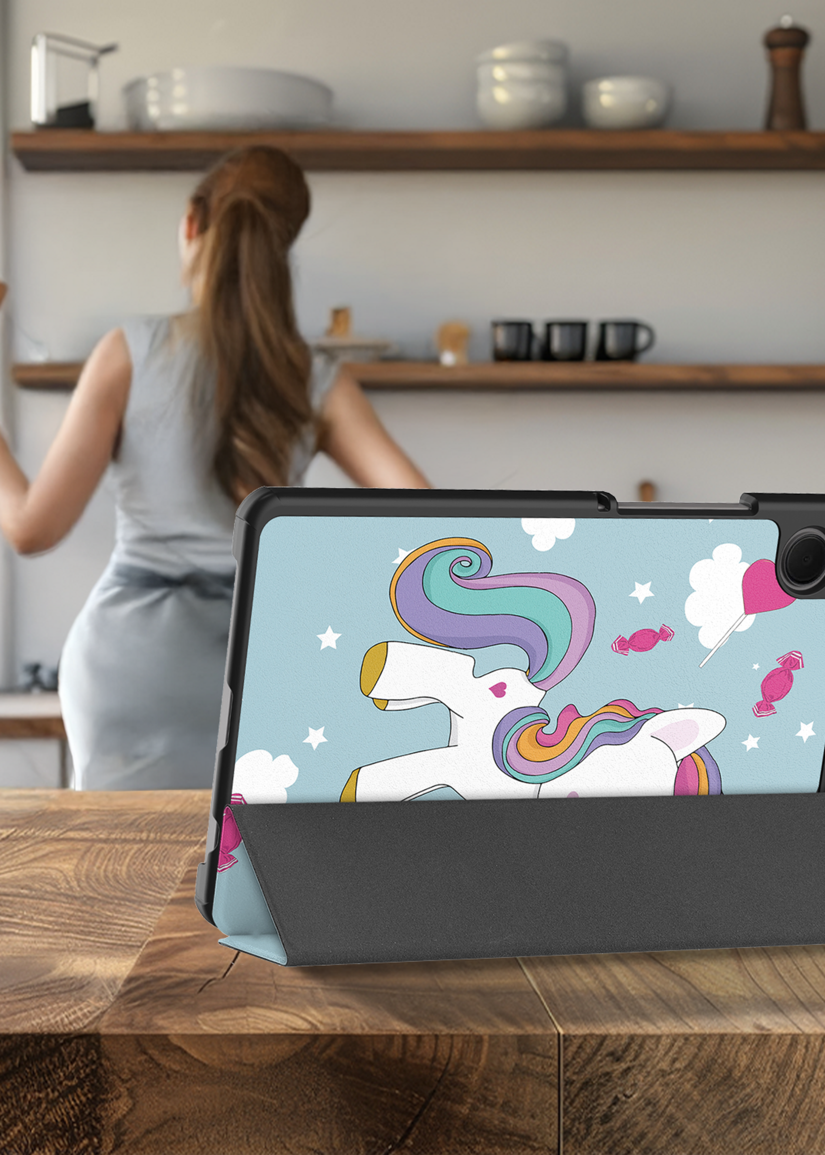 BTH Hoes Geschikt voor Samsung Galaxy Tab A9 Plus Hoes Book Case Hoesje Trifold Cover - Hoesje Geschikt voor Samsung Tab A9 Plus Hoesje Bookcase - Eenhoorn