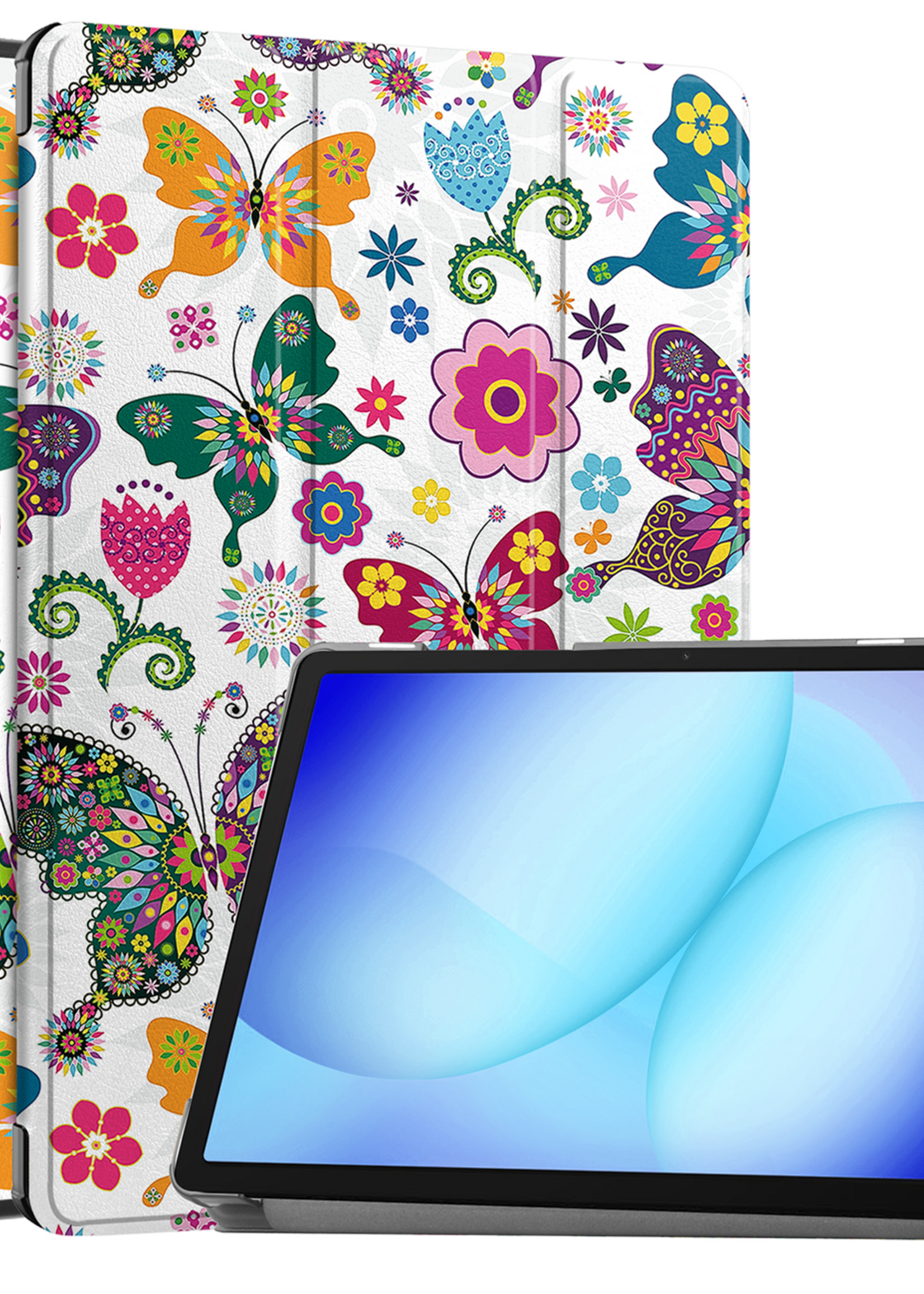 BTH Hoes Geschikt voor Samsung Galaxy Tab A9 Plus Hoes Book Case Hoesje Trifold Cover - Hoesje Geschikt voor Samsung Tab A9 Plus Hoesje Bookcase - Vlinders