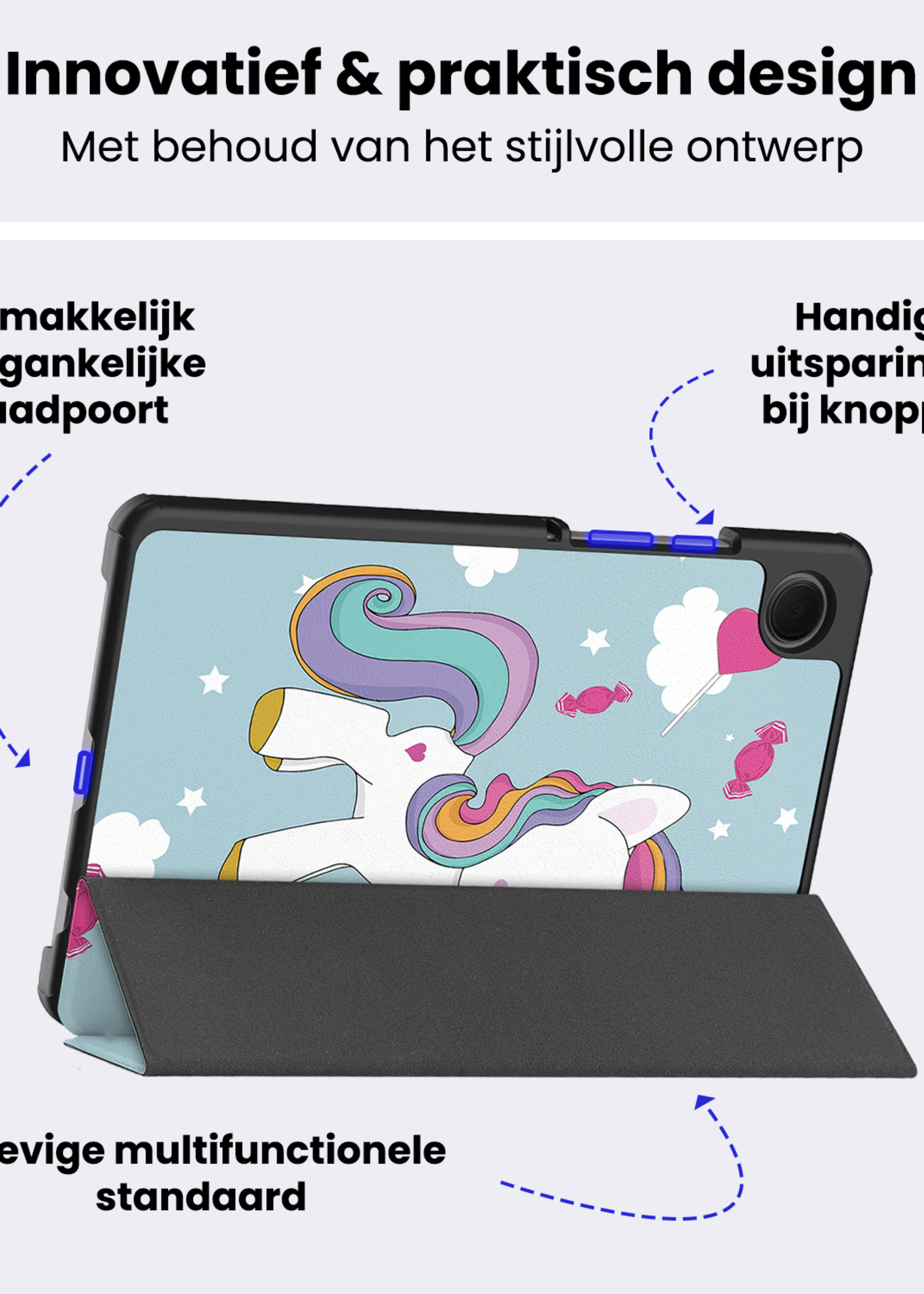 BTH Hoes Geschikt voor Samsung Galaxy Tab A9 Plus Hoes Book Case Hoesje Trifold Cover Met Screenprotector - Hoesje Geschikt voor Samsung Tab A9 Plus Hoesje Bookcase - Eenhoorn