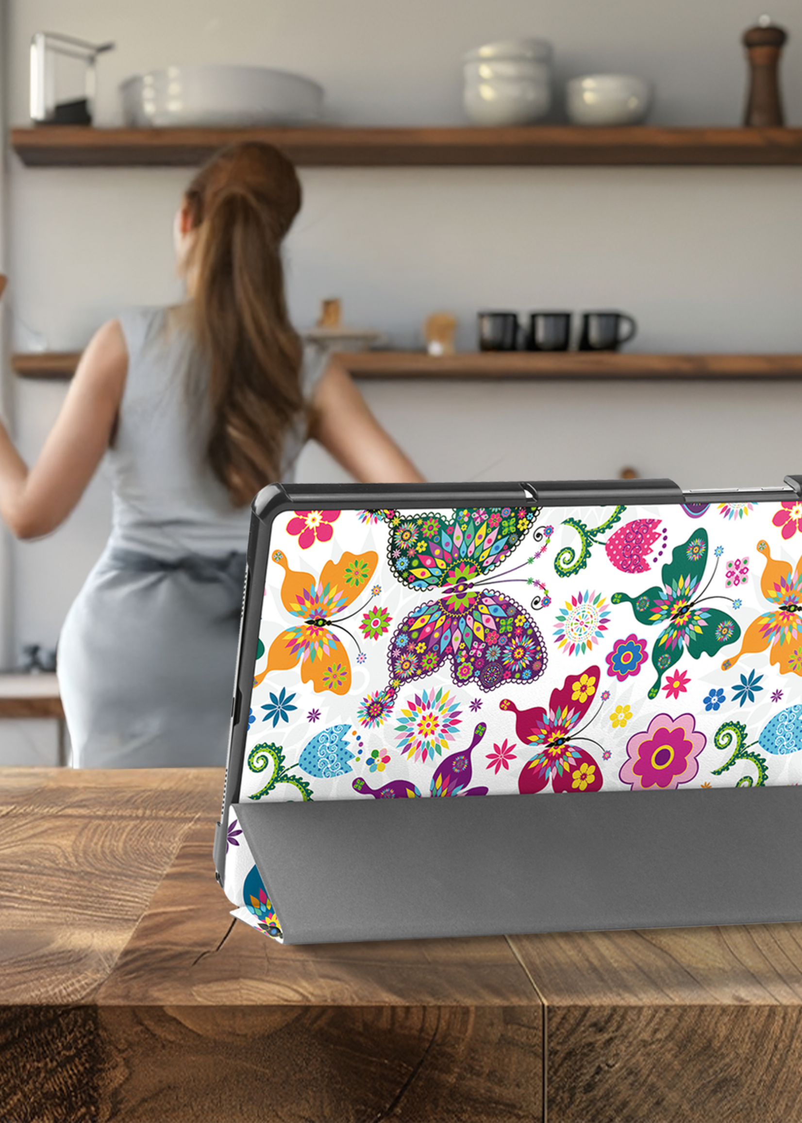 BTH Hoes Geschikt voor Samsung Galaxy Tab A9 Plus Hoes Book Case Hoesje Trifold Cover Met Screenprotector - Hoesje Geschikt voor Samsung Tab A9 Plus Hoesje Bookcase - Vlinders