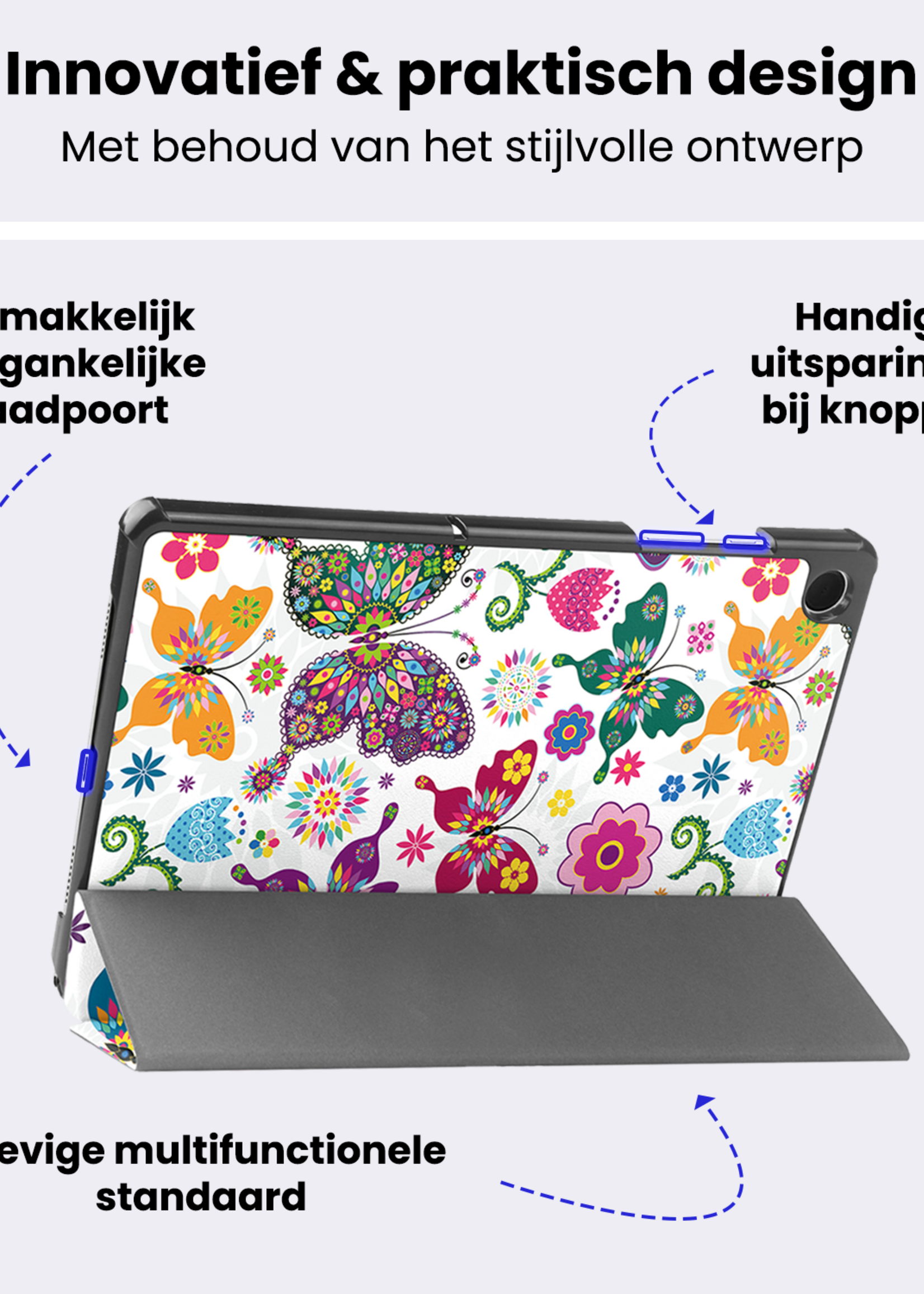 BTH Hoes Geschikt voor Samsung Galaxy Tab A9 Plus Hoes Book Case Hoesje Trifold Cover Met Screenprotector - Hoesje Geschikt voor Samsung Tab A9 Plus Hoesje Bookcase - Vlinders