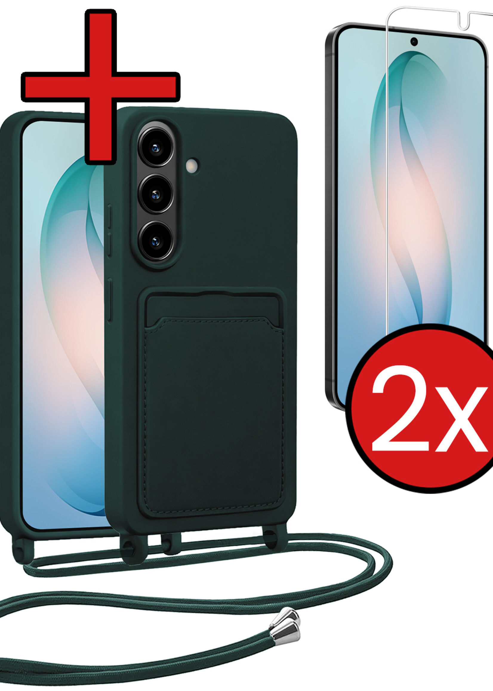 BTH BTH Samsung Galaxy S26 Plus Hoesje Pashouder met Koord Met 2x Screenprotector - Donkergroen