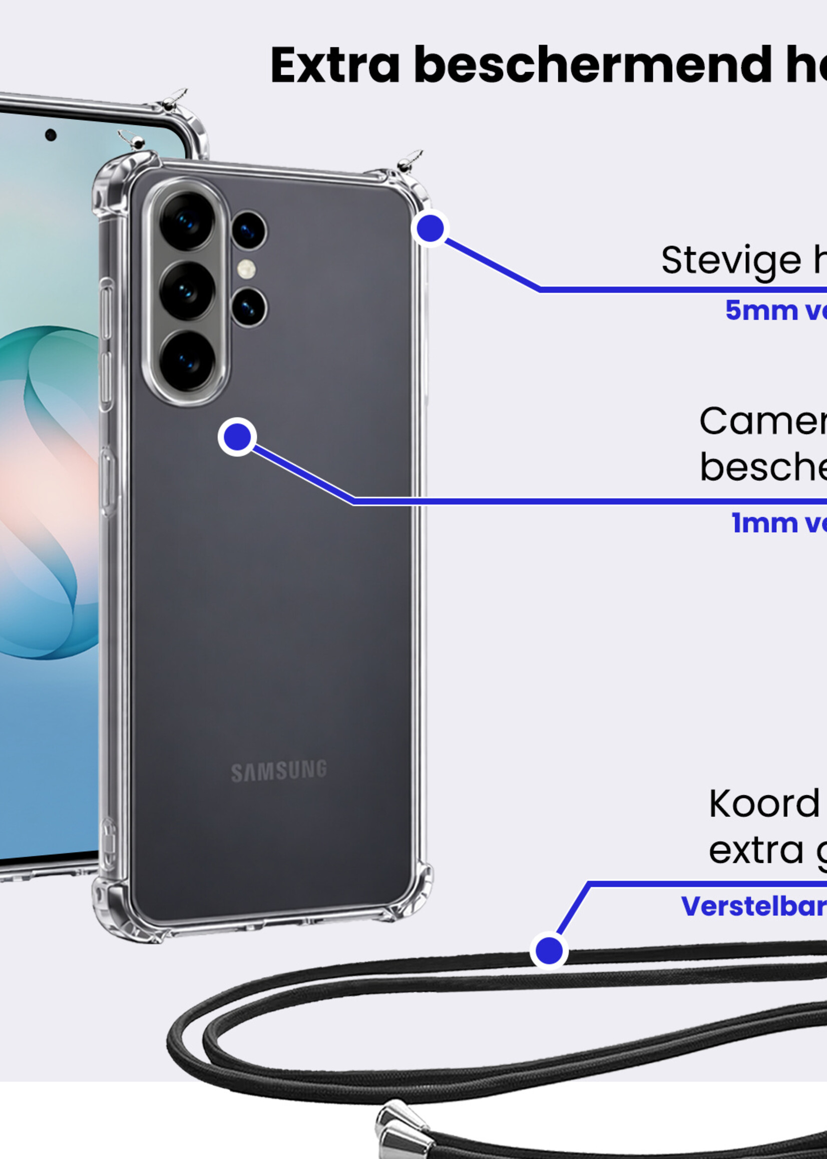 BTH BTH Samsung Galaxy S26 Ultra Hoesje Transparant Shockproof Met Zwart Koord