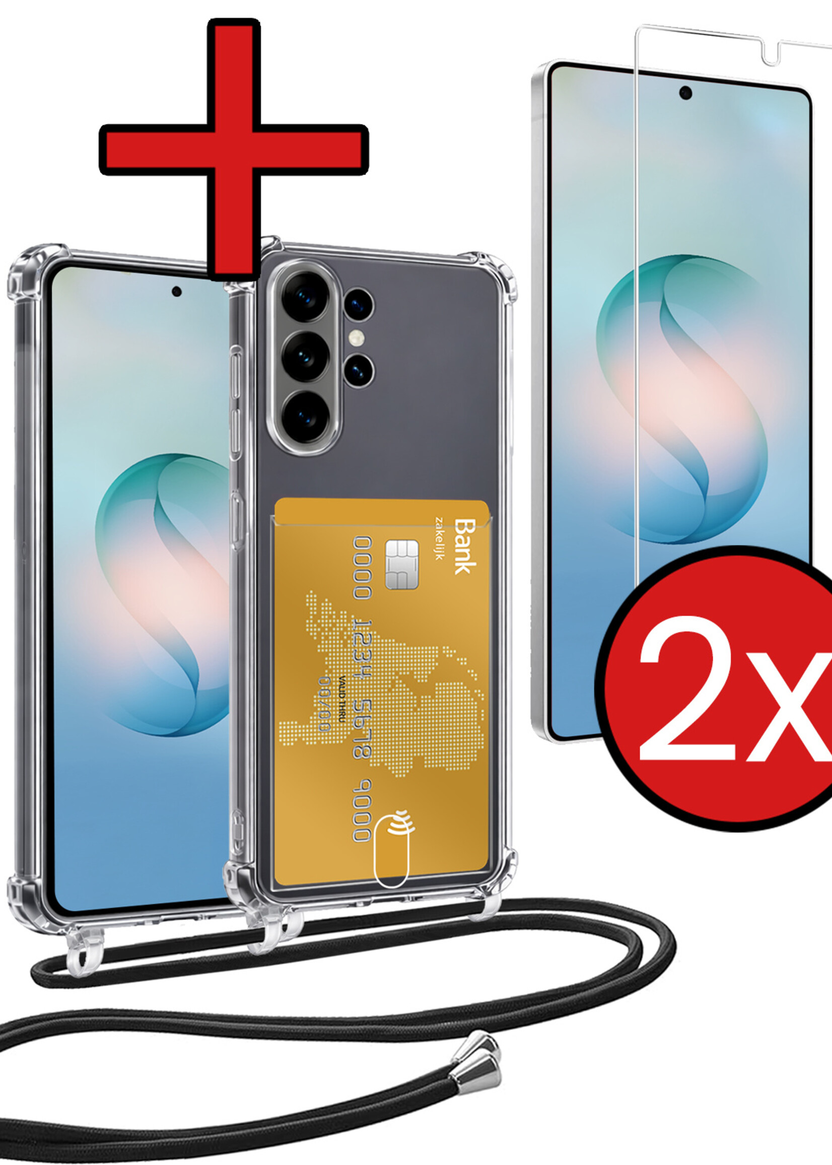 BTH BTH Samsung Galaxy S26 Ultra Hoesje Pashouder met Koord Met 2x Screenprotector