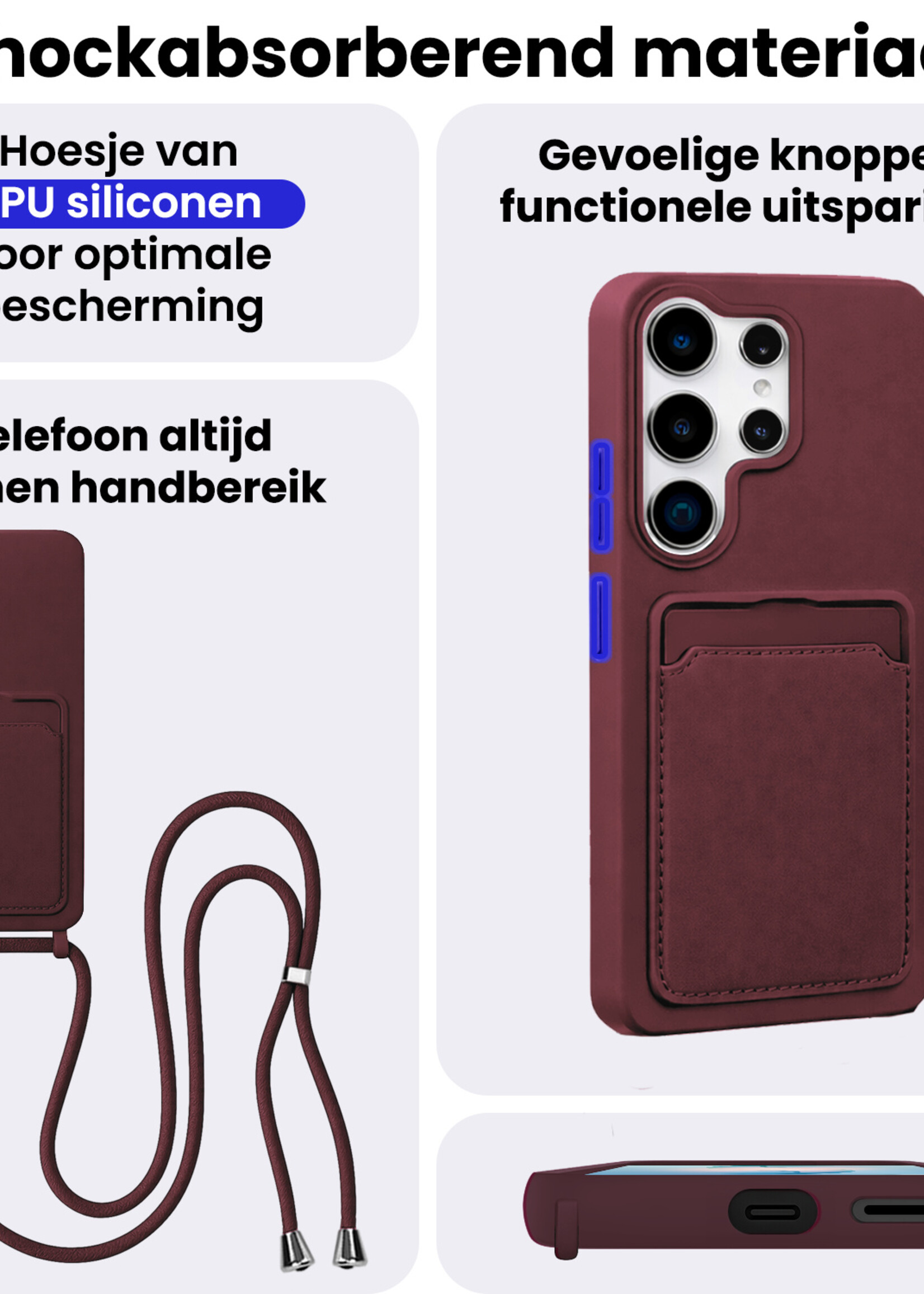 BTH BTH Samsung Galaxy S26 Ultra Hoesje Pashouder met Koord - Aubergine - 2 PACK