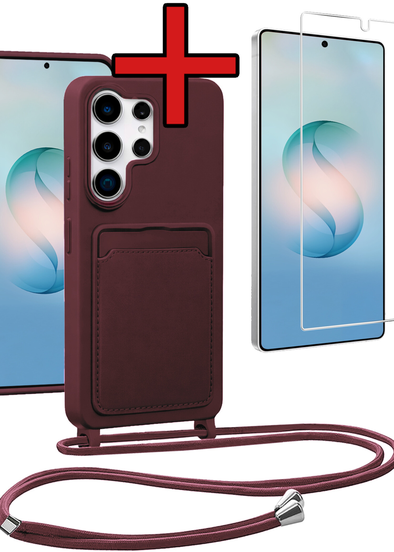 BTH BTH Samsung Galaxy S26 Ultra Hoesje Pashouder met Koord Met Screenprotector - Aubergine