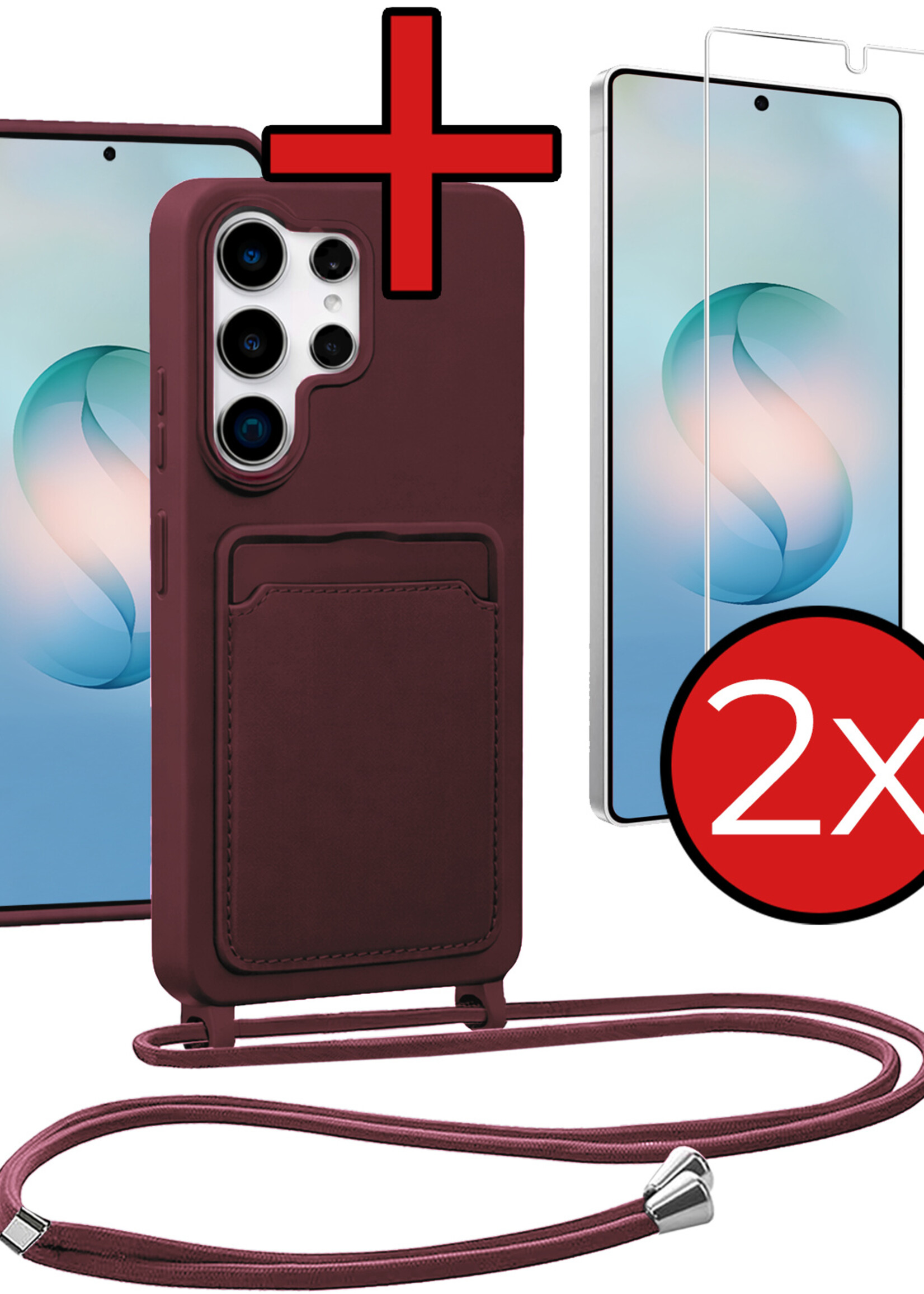 BTH BTH Samsung Galaxy S26 Ultra Hoesje Pashouder met Koord Met 2x Screenprotector - Aubergine