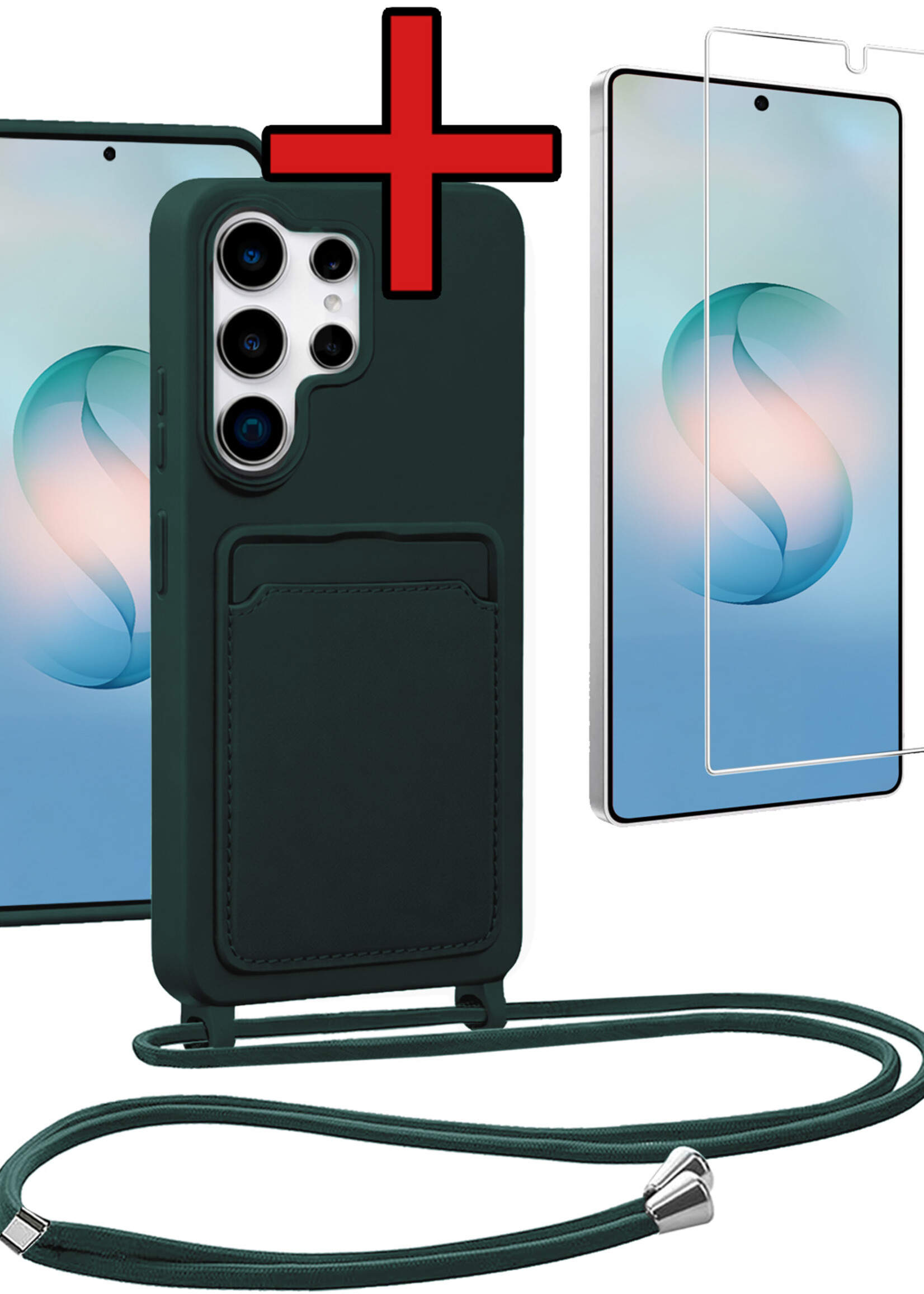 BTH BTH Samsung Galaxy S26 Ultra Hoesje Pashouder met Koord Met Screenprotector - Donkergroen